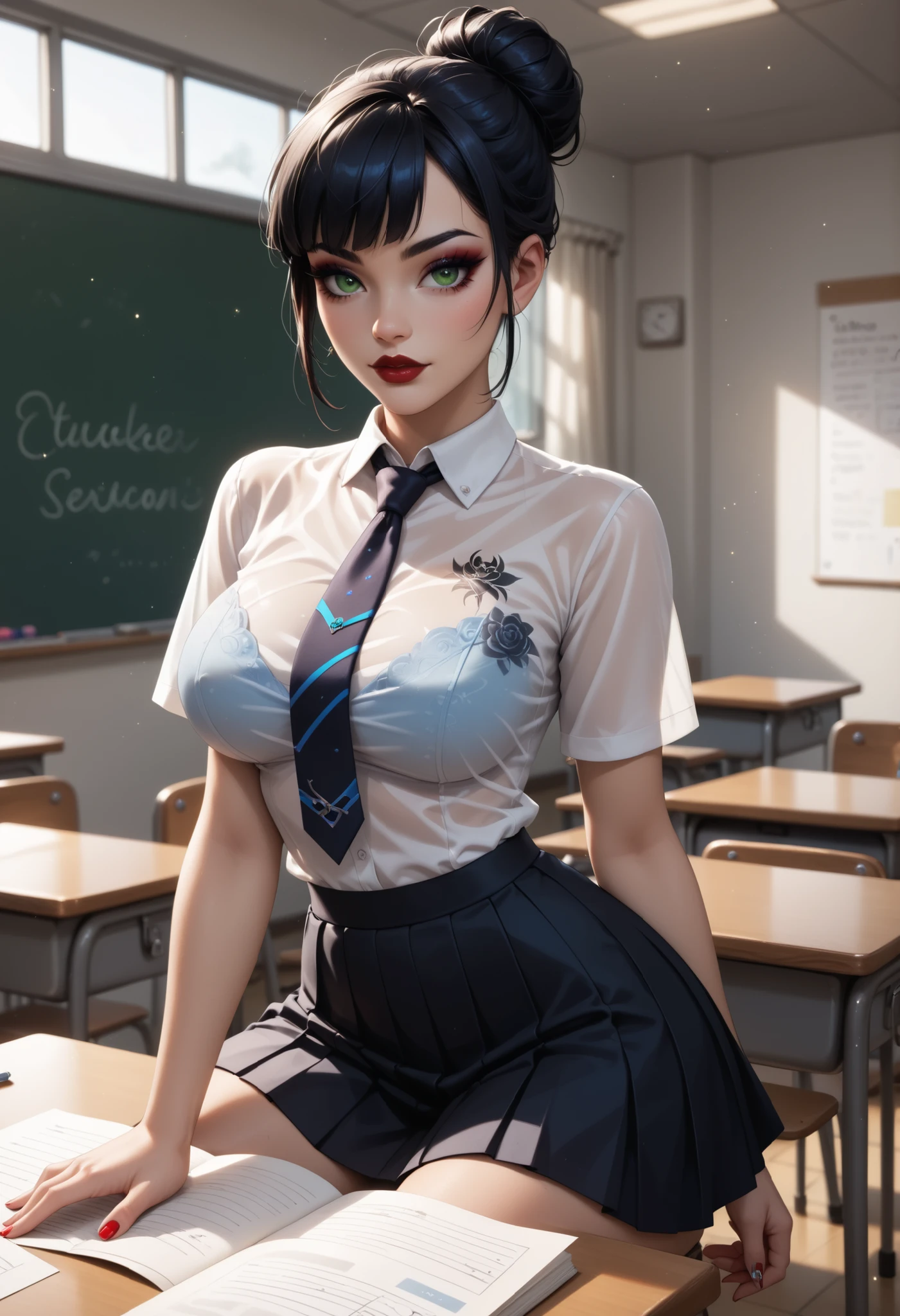 ((masterpiece)),(best quality),(detailed), 1girl, short hair, purple hair, messy hair, ((red eyes)), grin, (dark skin:1.3), white school shirt, school skirt, portrait, classroom, huge breasts
