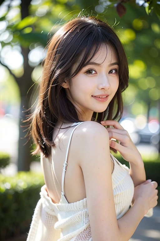 not_NSFW, The background is a beautiful 花畑、beautiful scenery、beautiful 1girl、detailed face、anatomically accurate body、Standing in white bikini underwear、smile、1人のcute少女が寝ている、最高品質、美しい表情、real, 写実的、