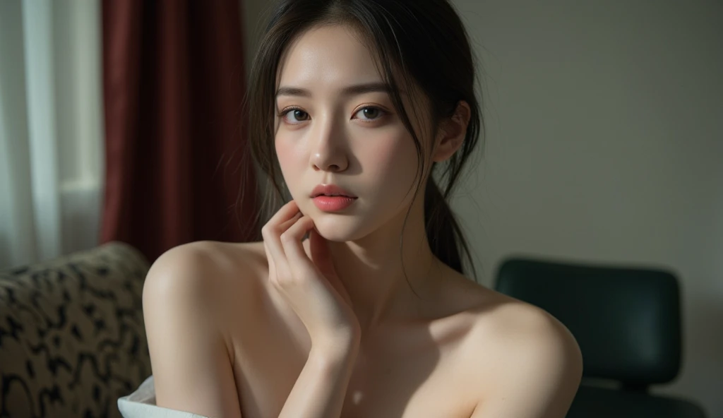 best quality, realistic, realistic, Very detailed, very delicate and beautiful, RAW photos, 4K,8 thousand,professional lighting, dynamic lighting, The light on the face, depth of field, solo focus, Telegraph slang, Japanese and Korean beauties，Korean Beauties，20 years old woman, brown hair, brown eyes, small head, fashion girl, beautiful eyes, 큰 chest,real face, real skin, realistic face, realistic skin, detailed eyes, Detailed facial features, Detailed clothing features, (Stylish attire:1.3), (Fashion Hair: 1.3) dynamic pose, View viewer, simple background, laugh, 얼굴과 chest의 디테일, (pure eros face), naked, chest, nipple, naked, boob