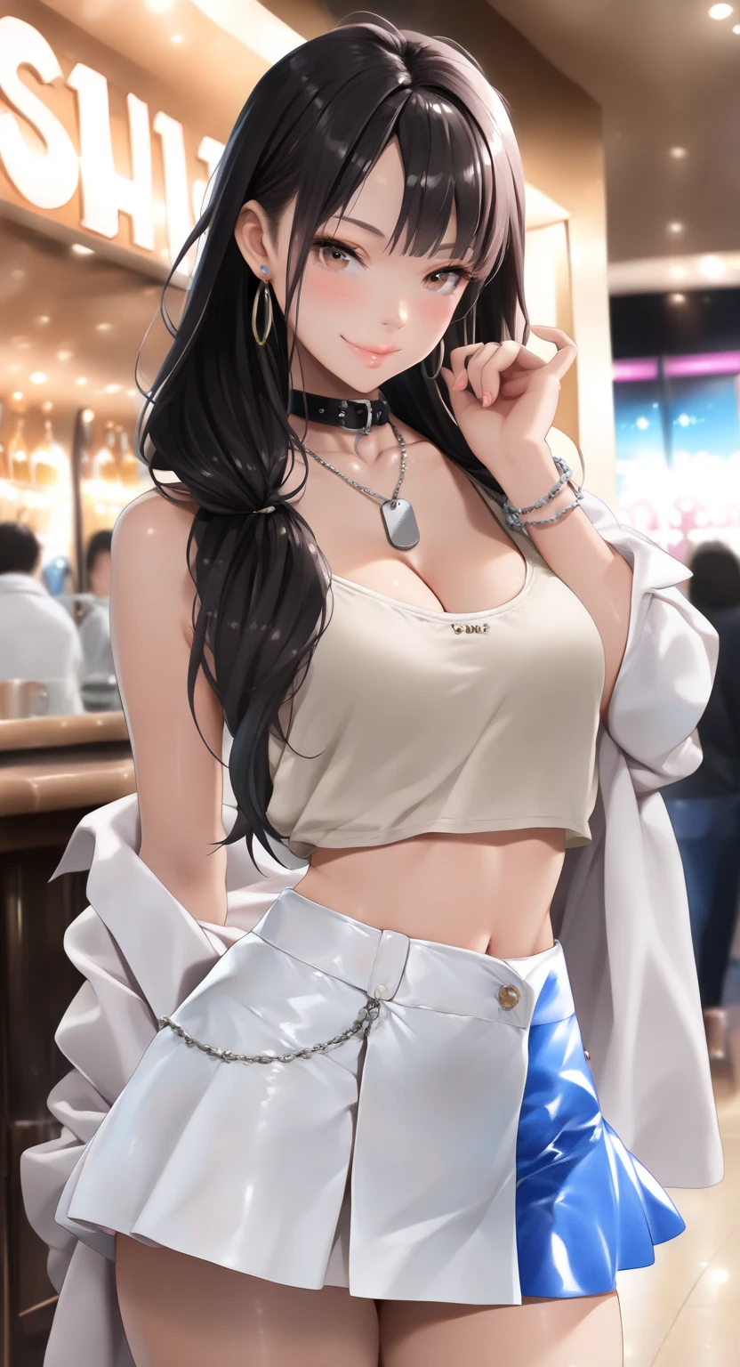 1girl,a beautiful fashion model ,(masterpiece, official art, best quality) (perfect eyes) ,long and shiny black hair, , hair strand between eyes, full lips, upturned nose medium , , elegant makeup, exhibitionism,  in public, , slim thighs, toned body, shiny skin,  pose,,(( (slender, skinny, slim))), gold hoop earrings, pink eyeshadow, cute face, (((girl  with man))) embarassed, coy, surprised, blush, glittery skin, girl dancing on stage, skinny thighs, narrow , skirt lift