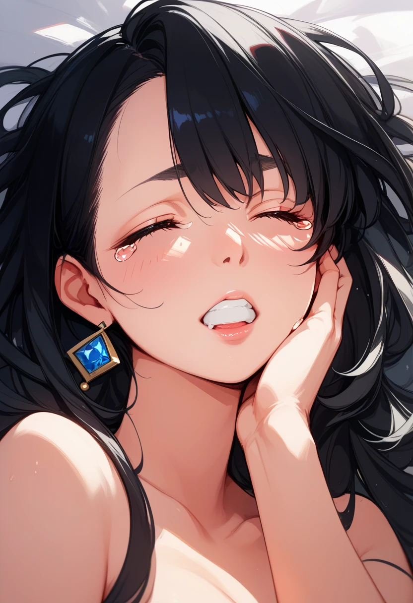 Close up shot of a woman who has closed her eyes and parted her perfect lips, blushing very hard, kissable face and lips, amazing makeup, against a wall