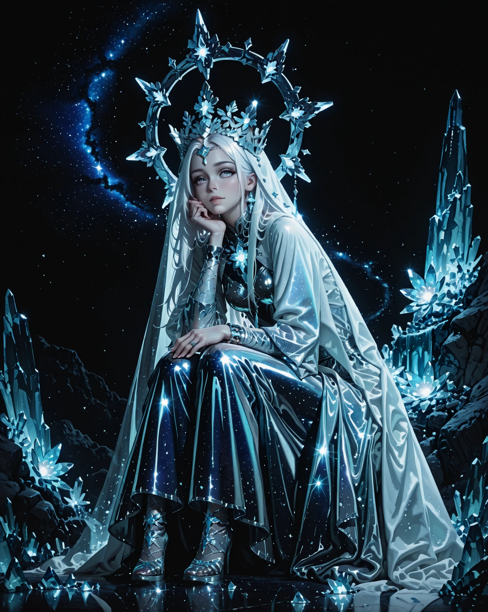 The image depicts a serene figure with long, straight white hair adorned with a celestial crown-like halo composed of crystal shards. She is wearing a shimmering latex outfit with icy textures, and her pose is elegant, with hands resting on her knees. The background is a cosmic setting, filled with a mix of dark starry sky and glowing crystals that create a mystical atmosphere. The lighting is ethereal, casting a cool, luminous glow that enhances the magical and otherworldly ambiance of the scene.