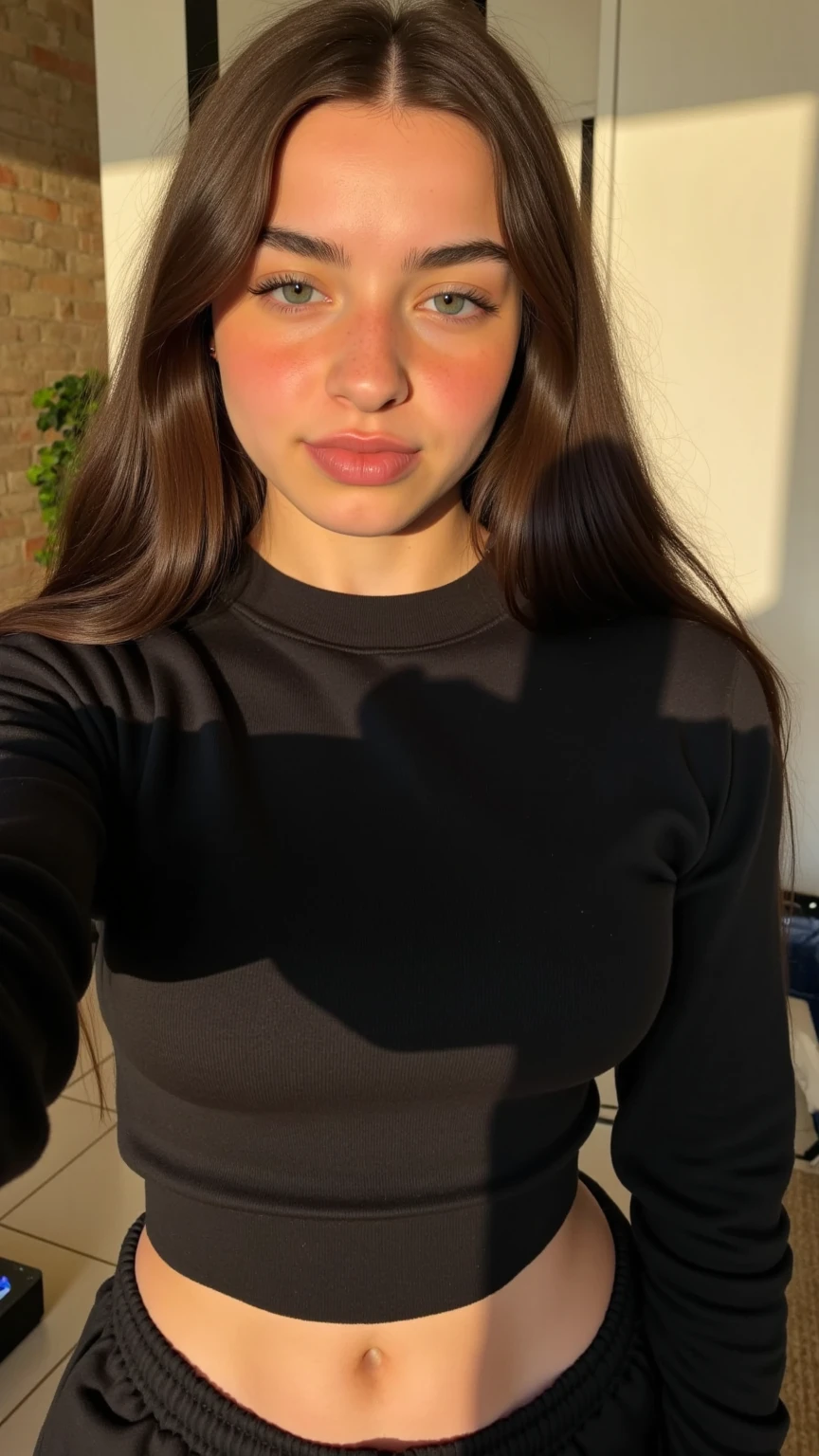 Photo of a 20 year old brunette woman, that has a very natural face, thin lips, thin eyes, thin eyebrows, thin nose, earrings, long eyelashes. She makes a cute selfie in , black shirt showing, natural, sexual pose, full slim body
