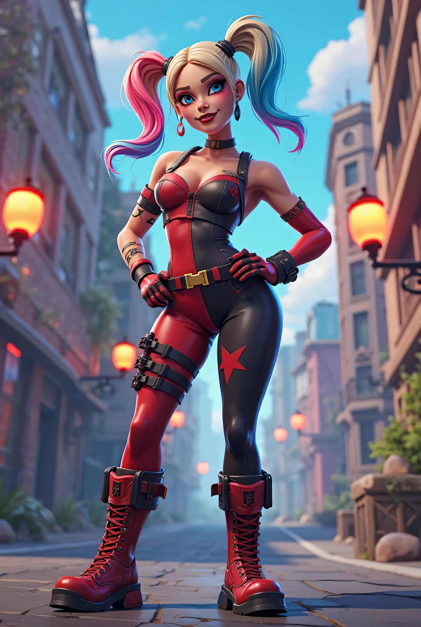 Harley Quinn defeating a character lying in ground in a multiversus videogame stage