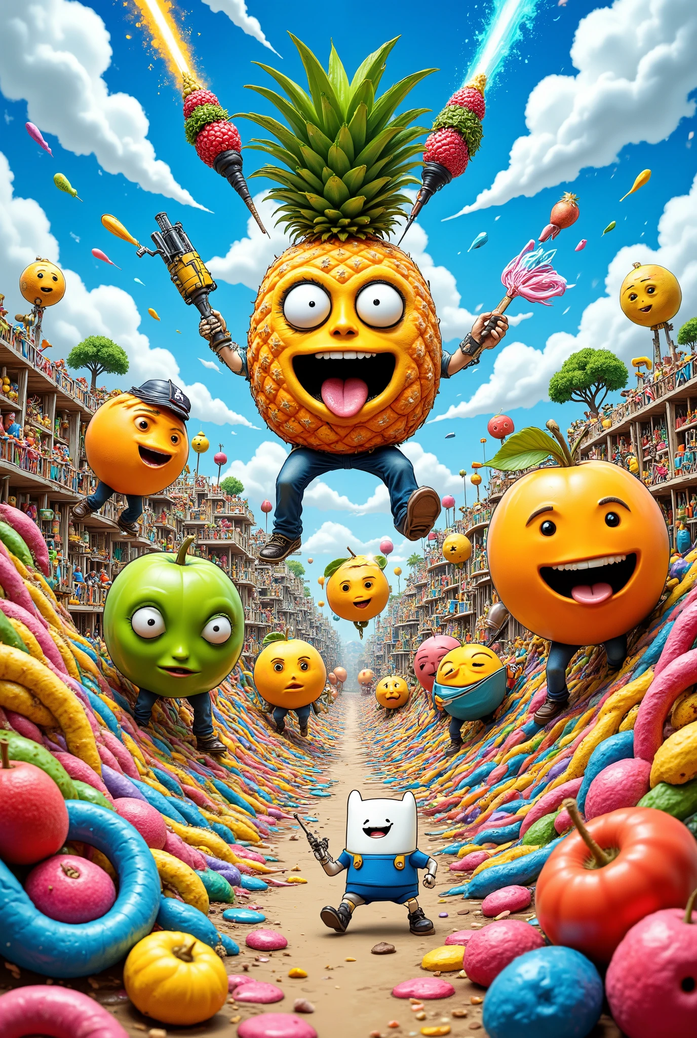 {{A ((vibrant and humorous)) depiction of {((cartoon fruit characters waging war with ridiculous fruity weapons))}}} with {((pineapple bazookas, grape-shotguns, and blueberry mines exploding in candy-colored blasts))}. This is a {((whimsical pop-art))}-inspired image that showcases {((a comic take on a fruit-based armageddon))}. The environment/background should be {((outdoor battlefield of melted candy and oversized fruits))} to create an {((playful and surreal mood))}. The image should be in the style of a {((comic book cover))}, incorporating elements of {((Adventure Time, Lisa Frank, and Fortnite aesthetics))}. The {((wide-angle shot))}, captured with a {((fish-eye lens))}, will provide a {((comically exaggerated, distorted view))}. The lighting should be {((bright, even lighting with pastel tones))}, emphasizing {((over-the-top fruit weapons and expressions))}. The desired level of detail is {((bold and stylized))} with a {((300dpi resolution))}, highlighting {((expressive characters and humorous weapon effects))}. The goal is to create a {((fun and eccentric))} image that captivates viewers with its {((satirical take on chaos and warfare))}.