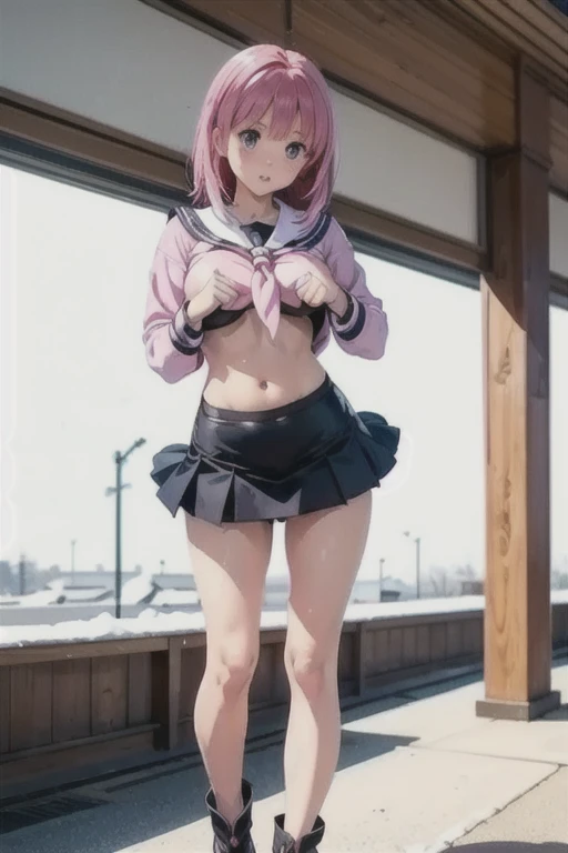 Woman in miniskirt (underskirt), (thong 1.2), (exhibitionist 1.2), purple hair, large boobs, (cleavage 1.3), wet clothes, (front), down stairs, (view from below), (full body photo 1.1), medium and long range, aperture 1.1, perfect facial features, extreme detail, natural lighting, 8k