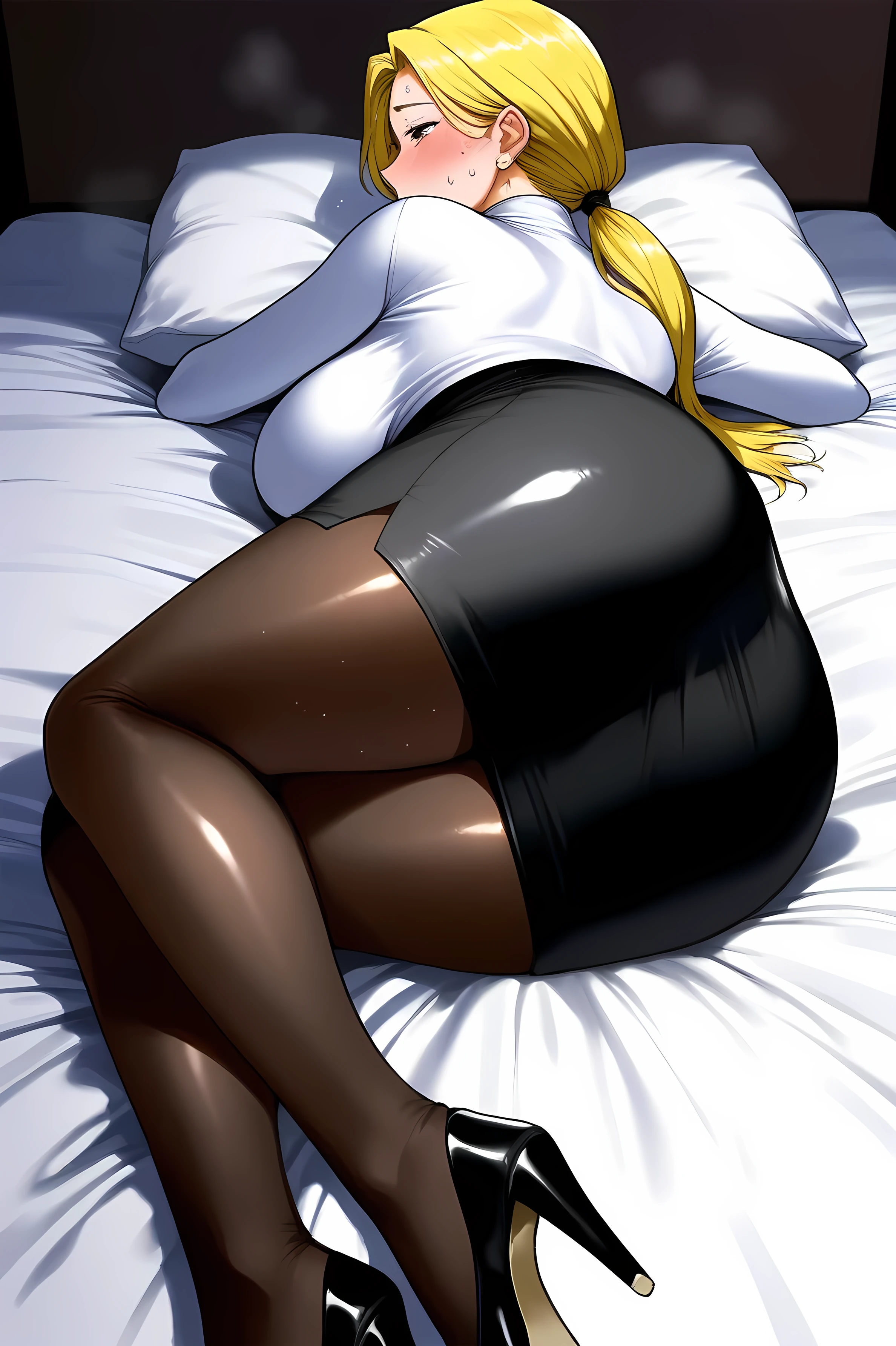 blonde ponytail　 tight skirt　black high heels　Brown Pantyhose　embarrassing　sweat　 lying down　on the bed　mature woman