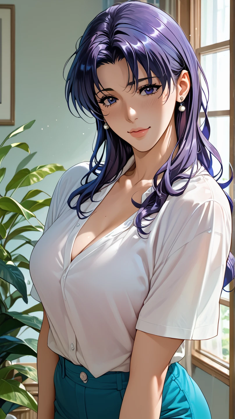 (Highres), (Detailed Illustration), Ultra-Detailed, Ambient Light, Backlighting, Realistic Shadows, Glowing Particles, Light Particles, Digital Art, Soft Light, Soft Lighting, White Light, White Lighting, Reflections, Detailed Face, (Detailed Hair:1.2), Dim Lighting, Indirect Lighting, Reflections, Detailed Face, (Detailed Hair:1.2), (Desaturated:1.4),
(indoors:1.2), looking at viewer,
(1girls:1.4), cowboy shot,
:d, breasts, collarbone, green eyes, hood, letterboxed, long hair, long sleeves, medium breasts, open mouth, purple hair, smile, solo, yellow shirt,
(<lora:more_details:0.5>),
<lora:Madoka_LoRA:0.6>,