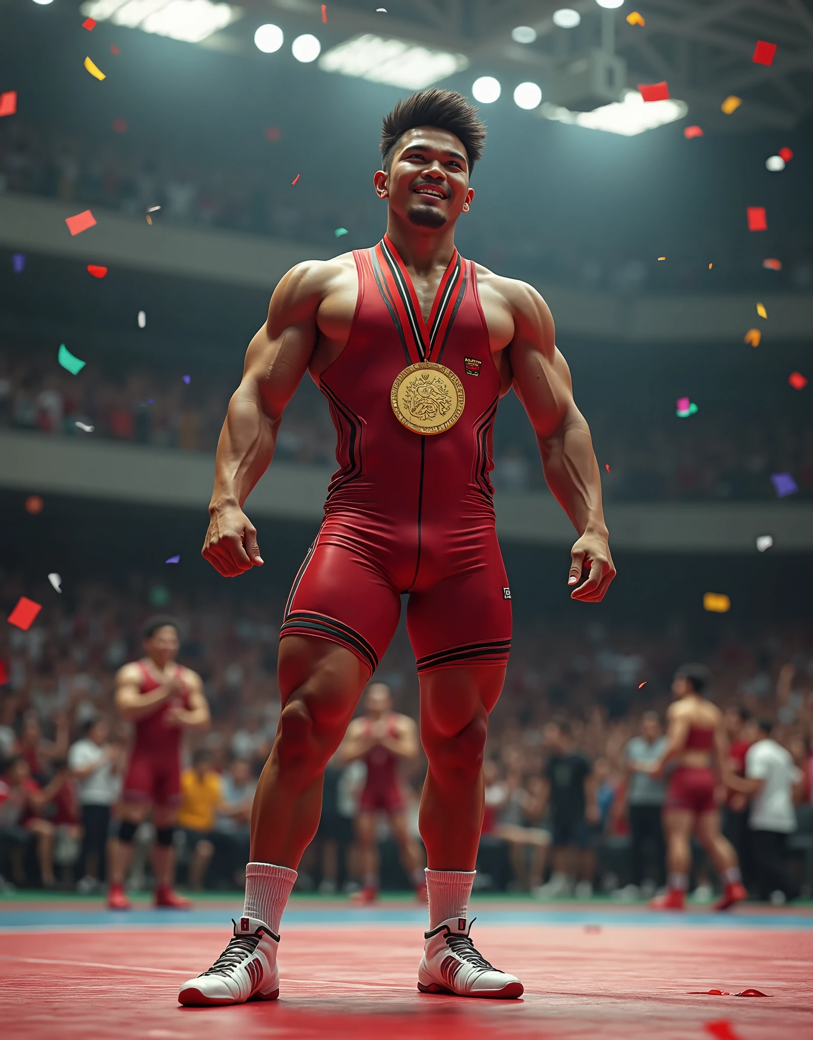 a muscular man with a shaved head and beard, wearing a red freestyle wrestler's costume, striking a dramatic pose on a wrestling ring surrounded by spectators in a stadium, (best quality,4k,8k,highres,masterpiece:1.2),ultra-detailed,(realistic,photorealistic,photo-realistic:1.37),hyper detailed, cinematic lighting, dynamic pose, intricate details, chiseled muscles,sweat glistening,intense expression,stadium crowd,vibrant colors,dramatic scene