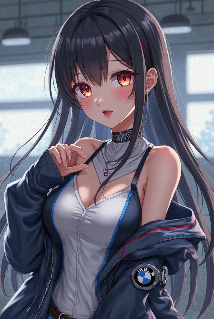A beautiful teen girl with a ponytail hairstyle is the main subject of the artwork. She is depicted wearing a white bikini and a cute black jacket.