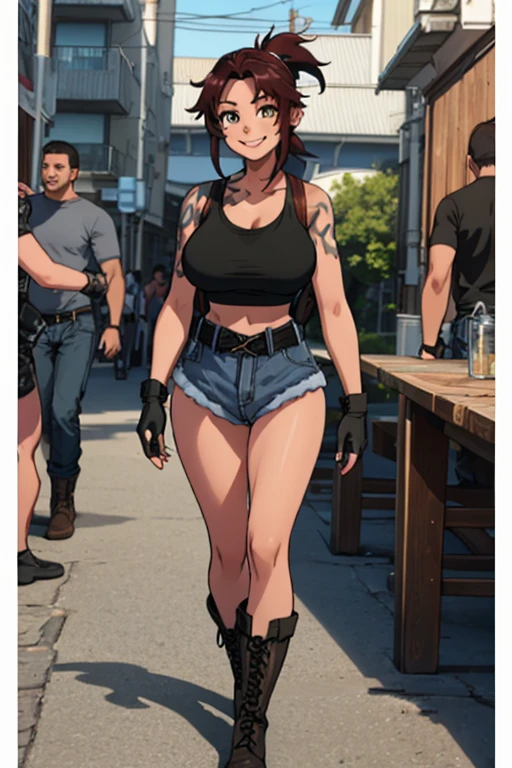 revy, arm tattoo, masterpiece, best quality, absurdres, 1woman, 42-year-old, milf, milf figure, looking at viewer, standing, outdoors, street, hands on hips, teeth, grin, fang, cowboy shot, fingerless gloves, belt