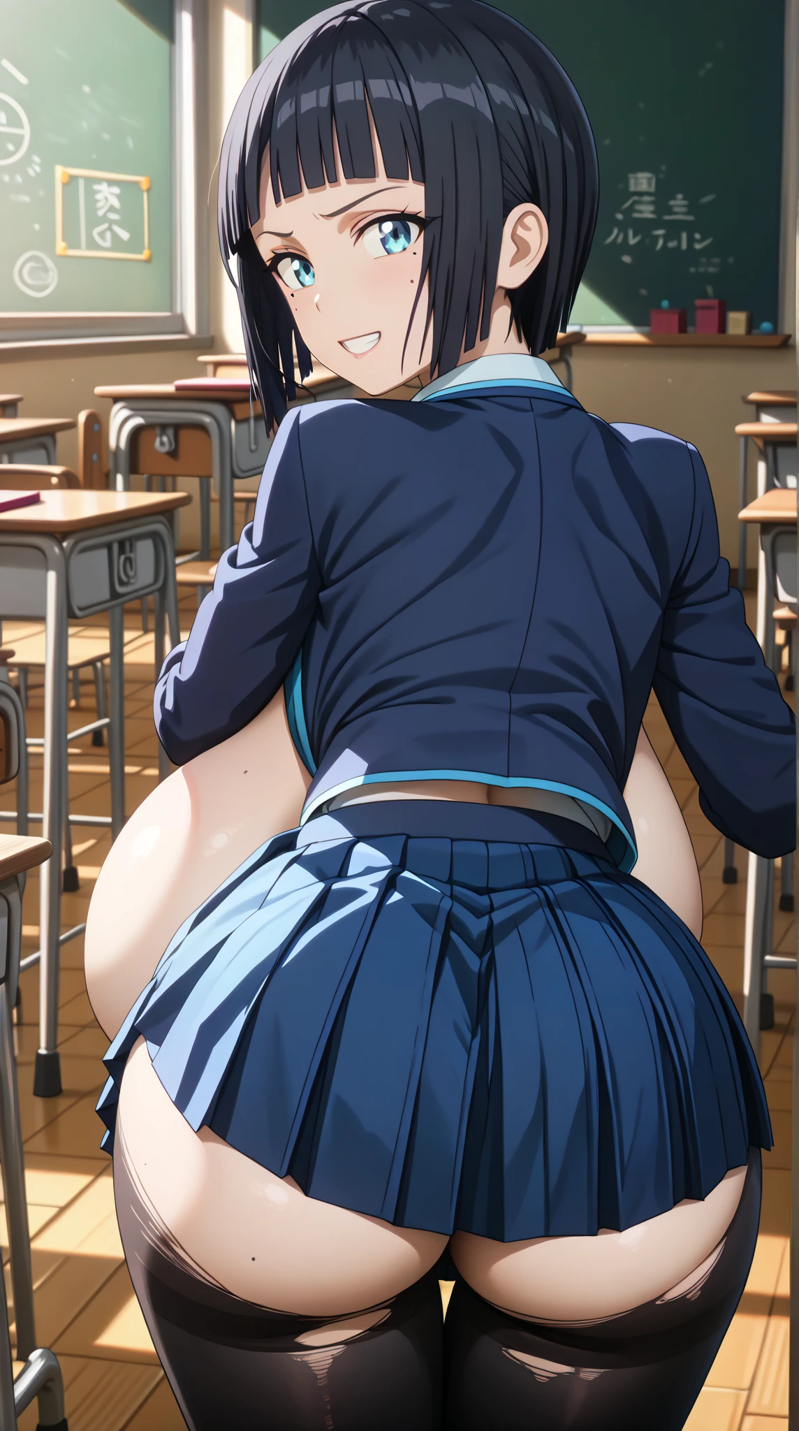 score_9, score_8_up, score_7_up, score_6_up, score_5_up, score_4_up, BREAK, source_anime, solo, 1girl, (Fuwa Kokone, blue hair, green eyes, medium hair), zettai ryouiki thighhighs, (skinny, slim legs, small hip, narrow waist), (Upskirt by chair), sitting on chair, sexy pink lace thong, sitting, looking back, from behind, in the class room, high school, (very hairy Unshaven black Pubic Hair, anus, ass, excessive ass hair, pussy juice:1.2), from below, Dutch Angle