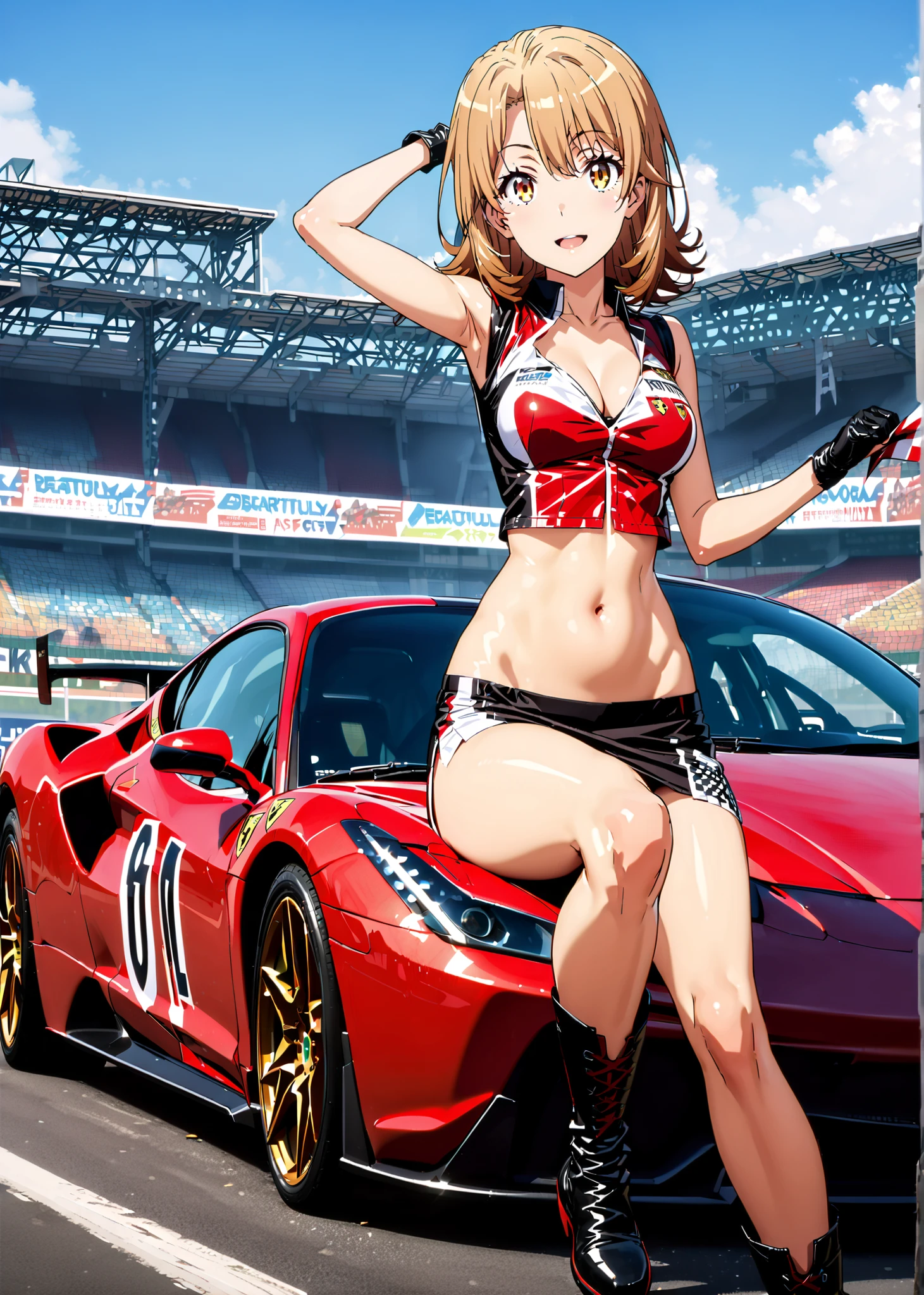 Irohaisshiki, Isshiki Iroha , alone,short hair, BLACK ROCK , brown eyes,smile,cover,open your mouth,
Race Queen, checker [[flag, [[flag, chest, skirt for ears, belly button,holding [[flag, , high leg,Bare legs,Knee-length boots perfect lighting for blue skies, audience, car, 自動car(Ferrari),tall and low sports cars,break outdoors, Circuit Venue,
break looking at viewer,full body,
break (masterpiece:1.2), top quality, high resolution, Unity 8k 壁紙, (illustrations:0.8), (beautifully detailed eyes:1.6), Highly Detailed Faces, so that it fits into the illustrations, very detailed CG,full body photo, (perfect hand in h, perfect anatomy),