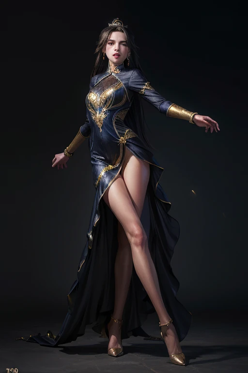 Mona Lisa Dancing, Gentle Expression, Full Body Portrait, Shoes, Catwalk, Masterpiece, Highest Quality, High Quality, Highly Detailed CG Unit 8k Wallpaper, Award Winning Photo, Bokeh, Depth of Field, HDR, Flood, Chromatic Aberration, Realistic, Very Detailed, Art Station Trend, CGsociety Trend, Complex, High Detail, Dramatic, Midway Art, Volumetric Lighting