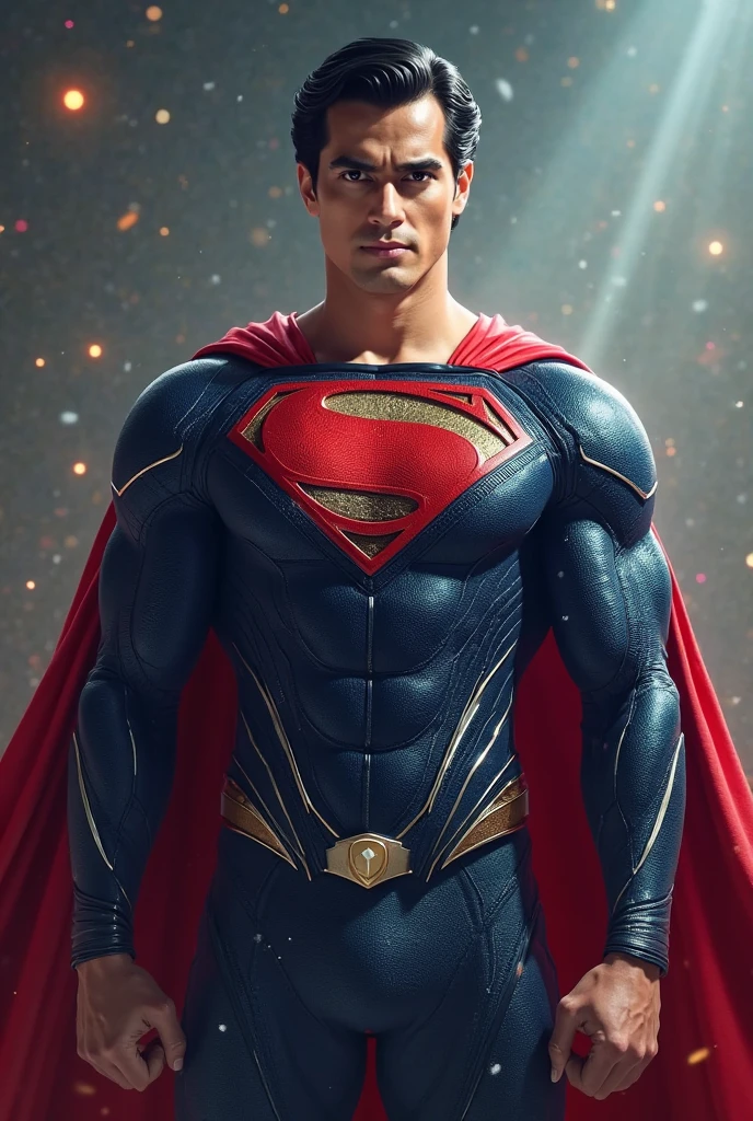 1 man, solo, Henry Cavill as Superman, 40s year old, all blue and red details suit, bare hands, big red S symbol on the chest, red cape, strain of hair covering forehead, short cut hair, tidy hair, tall, manly, hunk body, muscular, wide shoulder, straight face, black hair, best quality, high resolution:1.2, masterpiece, photorealism, dark background, detailed suit, detailed face, upper body shot, crossed arms, runic scene in the background