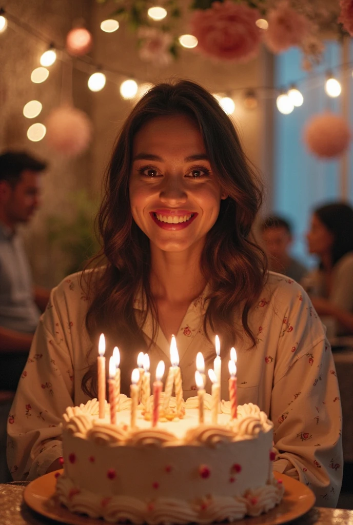 RAW, Best quality, high resolution, masterpiece: 1.3), beautiful Malay woman , holding birthday cake, 6 candles light, Tokyo Street, night, cityscape, city lights, upper body, close-up, smile, (8k, RAW photo, top quality, masterpiece: 1.2), (real, photoreal: 1.37), sitting on a park bench Look at me and smile, There are many trees in the vicinity, there is also a fountain, and the water from the fountain is coming into the photo frame a little
