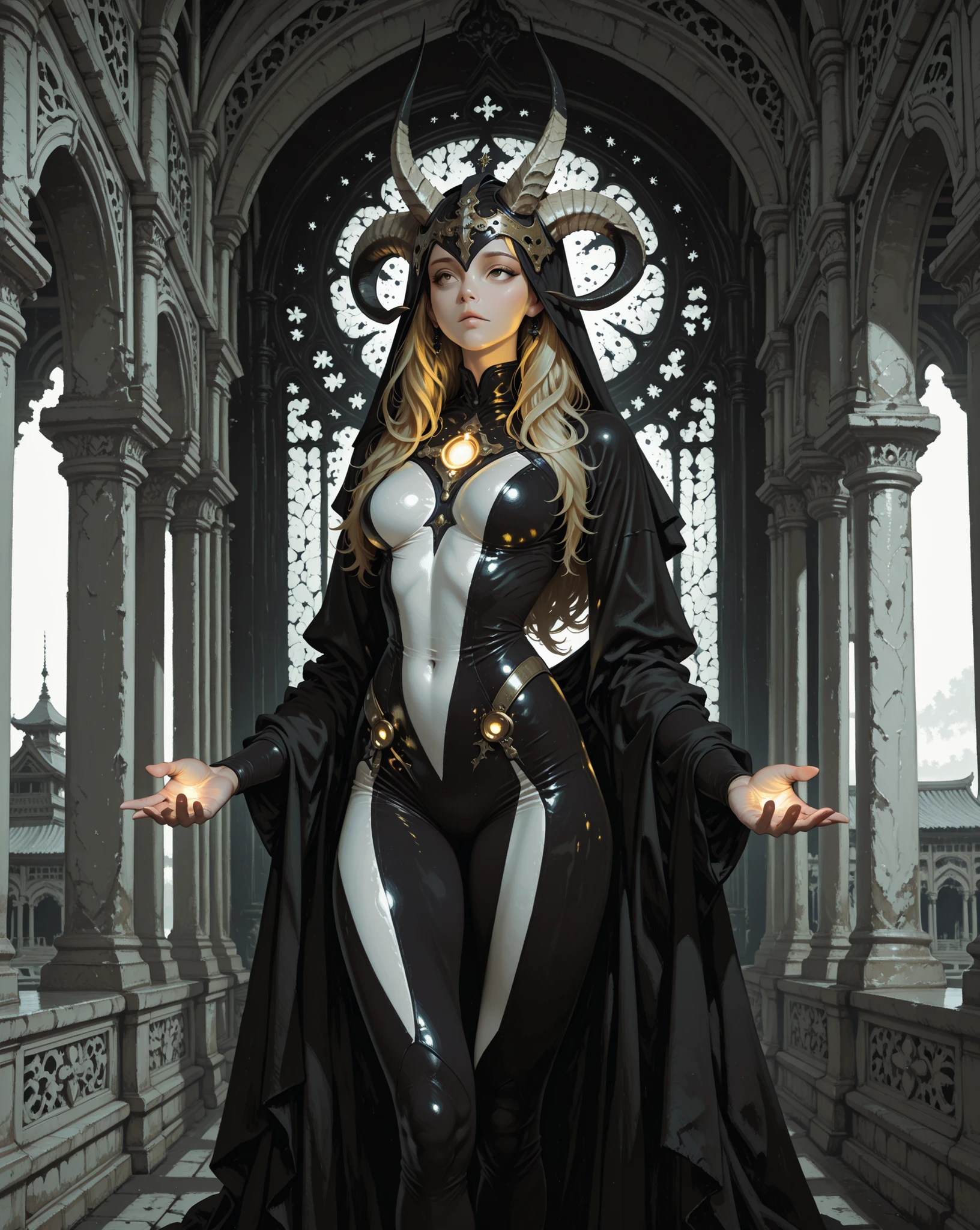 blonde long hair with headpiece and horns, modern religious-themed outfit with black and white colors, fitted and revealing bodysuit, relaxed pose with arms slightly extended, indoor setting with arched architecture, soft natural light from windows, mystical and mysterious atmosphere, anime or fantasy art style, glowing accessories in hands, smooth skin, surreal illustration, medium focal length, sharp focus on character.