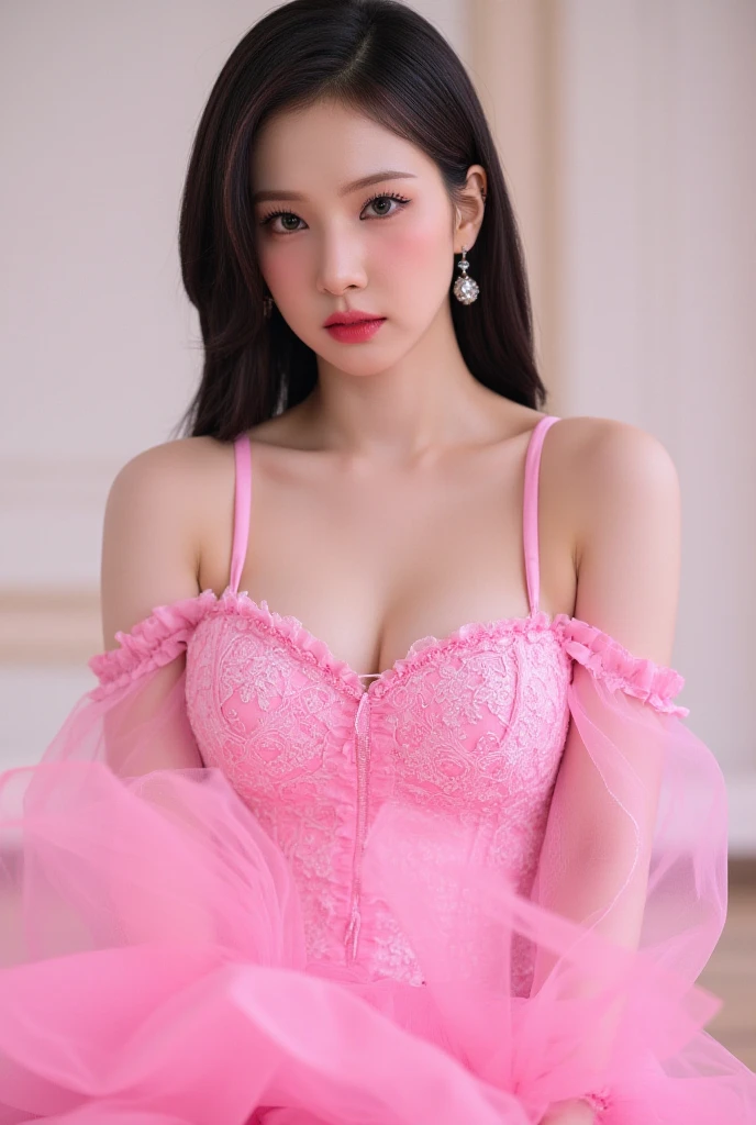 ((((top-quality))))、(((Ultra Precision CG16K Wallpapers)))、(((masterpiece)))、(((ultra-detailliert)))、(((Ultra-extreme details)))、One woman、a matural female、a 25yo woman、((Korean Face))、((extremely beautiful face))、((Korean Idols:1.8))、((Semi-long cut:1.2))、(curly hair)、Bangs up to the eyebrows、Beautiful brown hair、Beautiful delicate eyes、Brown eyes、lofty nose、small nostrils、seductive lips、slightly open mouth、Beautiful breasts、C-cup size breasts、cleavage of the breast、Plump body、perfectly proportions、perfect anatomia、Beautiful and detailed shading、Beautiful natural lighting、Beautiful detail glow、depth of fields、(((a high chroma)))、((realisitic:1.9))、((Vivid:1.4))、((Beautiful skin))、((Skin texture))、((Realistic skin feeling))、perfect-composition、((cowboy shot、thigh))、((Angle of view from the front))、((a smile:1.2))、(Staring eyes)、Bright sunshine、((Curtain room:1.2))、(Background blur)、((Pink Lace Nightgown:1.5))、(a choker)、(耳Nipple Ring)、