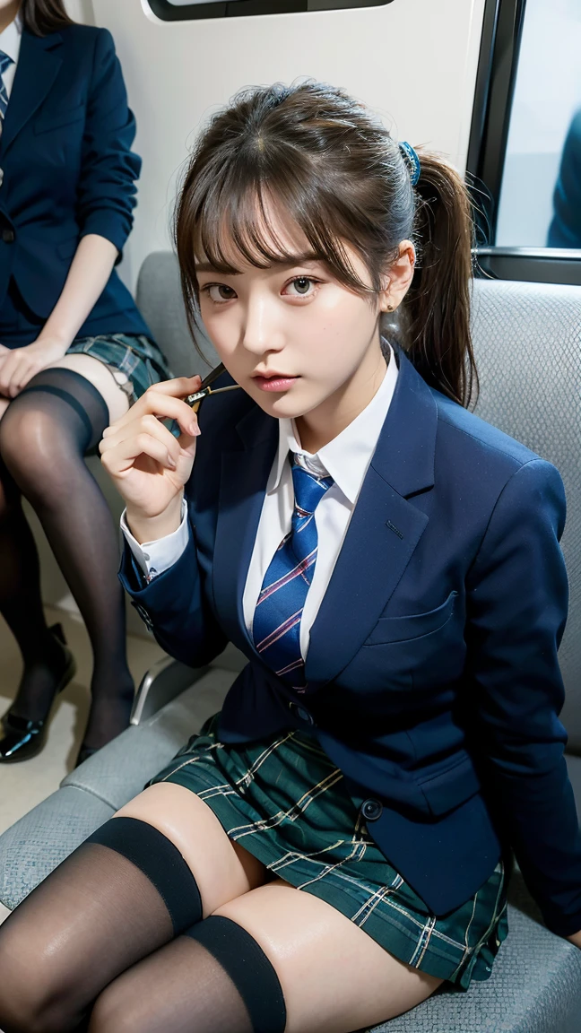 Ulchan-6500-v1.1, (Raw photo:1.2), (realistic:1.4), beautiful detailed girl, very detailed eyes and face, detailed and beautiful eyes, absurd, incredibly ridiculous, huge file size, Super detailed, High resolution, very detailed, highest quality, masterpiece, figure, very detailed, cg, unity, 8k wallpaper, wonderful, small details, masterpiece, highest quality, very detailed cg uniform 8k wallpaper, face light, movie lighting, 1 girl, , (with glasses), ((dynamic pose)), (pantyhose and legs)),school uniform、青色ブレザーの、背景はfigure書室、Sitting and reading a book