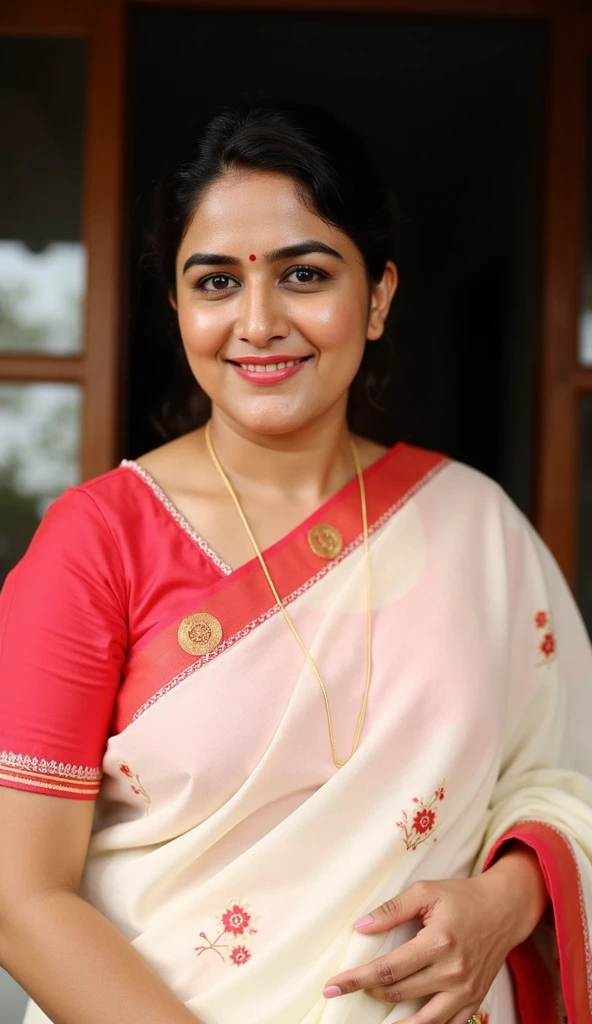 South Indian women, wearing red colour chiffon transparent shiny skirt and black chiffon shirt