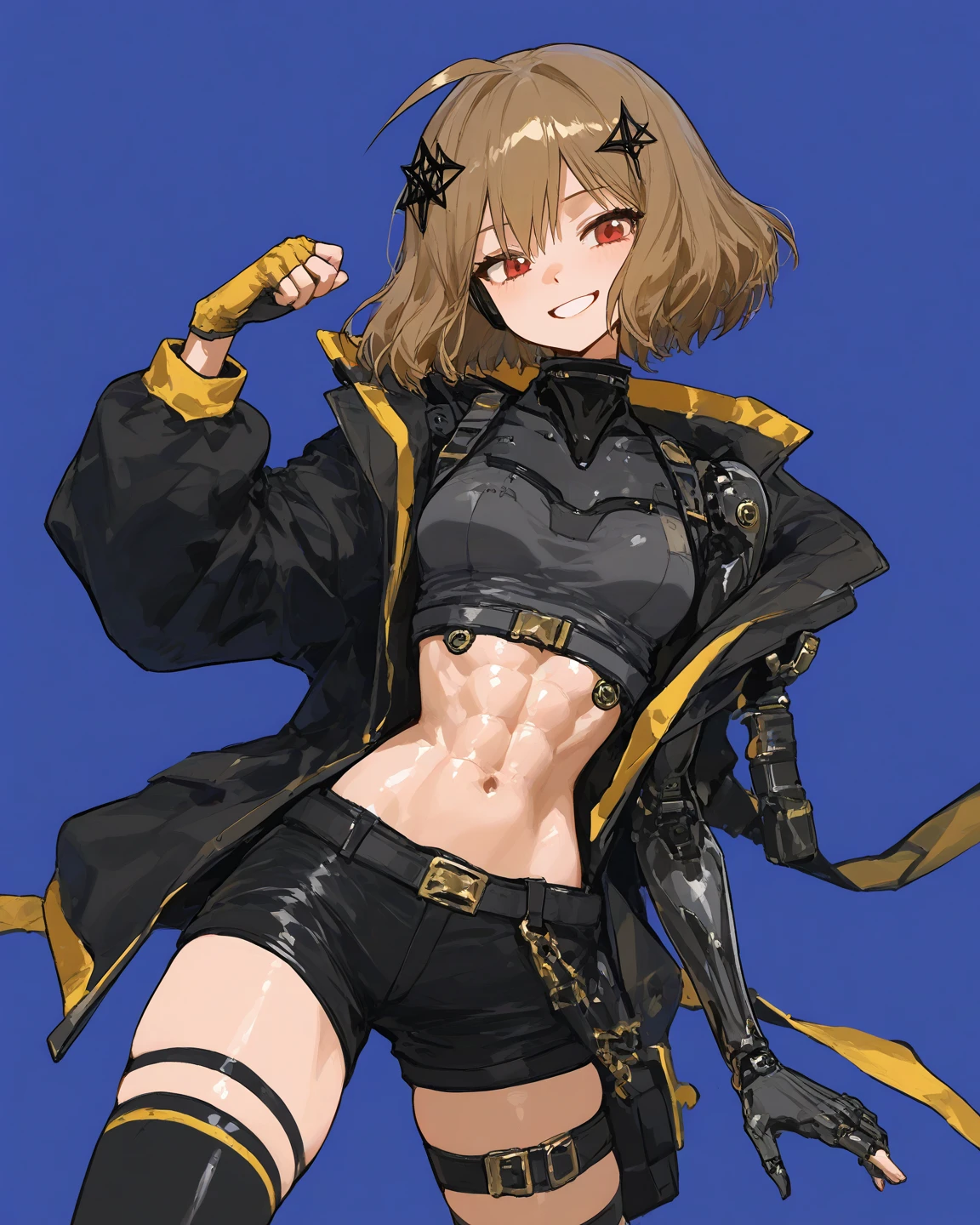 1girl, solo,(best quality),(masterpiece:1.1), full body, dynamic angle, looking_at_viewer, short hair, (scars on left eye:1.3), (yellow clothes), cute, clear facial skin,