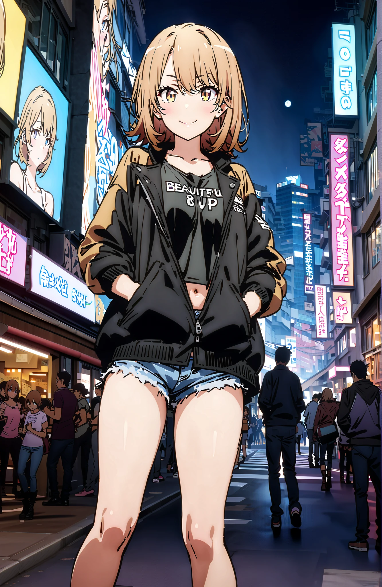 score_9, score_8_up, score_7_up, sauce_anime,
Irohaisshiki, Ishizaki Iroha, short hair, brown hair, brown eyes,rider jackets,tank top,belly button out,denim micro shorts,Bare legs,boots,smile,blush,grinning,standing,hands in jacket pockets,cool pose,Under boob,Glowing Skin,night,moon,neon street,building,綺麗なnight景,crowd,full bodyがイラストに入るように,break outdoors,City,
break looking at viewer,full body,
break (masterpiece:1.2),top quality ,Kampala,unity 8k 壁紙,(shape:0.8),( fine, beautiful eyes :1.6),It's a person ,full body写真,CG Details , (perfect hand in h,Complete Anatomy),