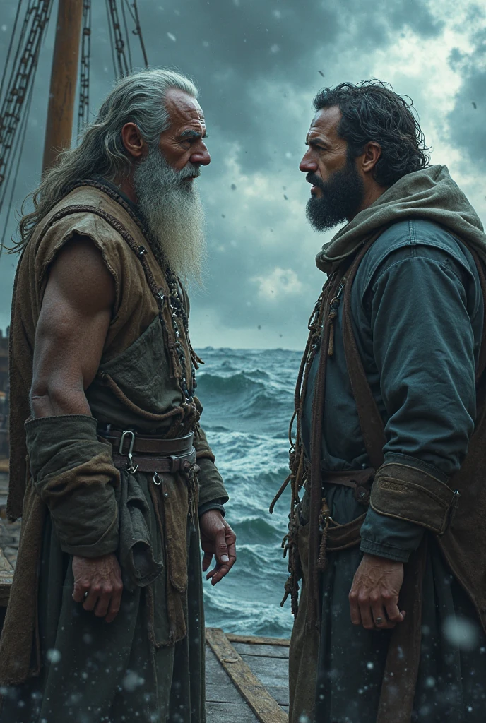 Hyperrealistic image of a pirate hugging an African slave steampunk merman superhero with gray hair and very long hair wearing a scarf on his head and hoop earrings in his ears very old and very sweaty bodybuilder over 80 years old..very muscular and fat, weighs more than 200 kilos with a bare torso, large and flaccid pectorals. Brown nipples and big gray mustaches standing on the deck of a pirate ship in a rough sea dressed in brocatto slipper pants and a satin sash at the waist 
