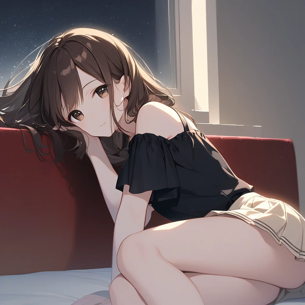 One Girl, Highest quality:1.5,Boyfriend Shirt,Knee-high socks:1.0,Absolute area,Natural Lip,Ecstatic expression:1.0,Bob Hair, masterpiece, Cool girl, there are a lot of earrings, Earrings, Brown Hair, Straight bangs, Grey Eyes, Pale skin, Gal, Improve, Sitting on the couch