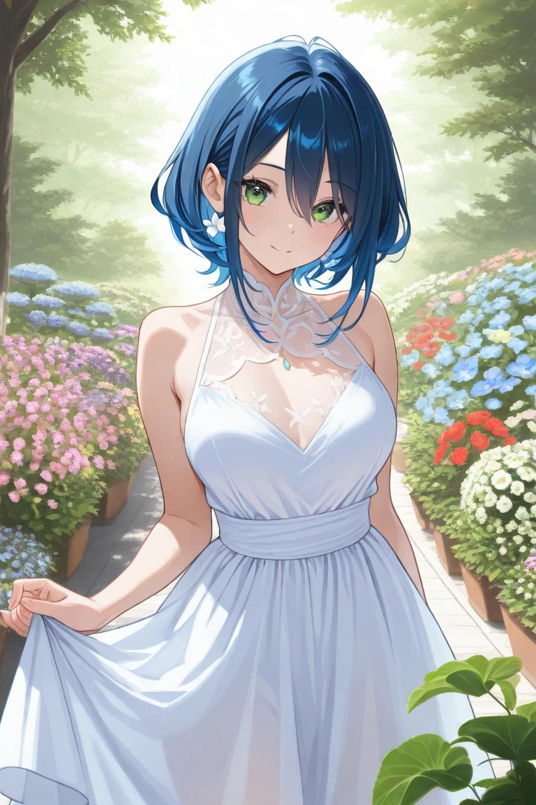 Masterpiece, Best quality, 1girll, Solo, Looking_at_peeping at the viewer, bangs, Bare_bshoulders, jewelry, 鎖骨,（dress lift：1.2),White panties,flower, Outdoors, parted_Lips, sky, day, Cloud, Hair_flower, Off_Shoulder, flat_chest, Bracelet, tree, Blue_sky, Bird, Blue_Bikini, Palm_tree, hibiscus, Head_wreath,