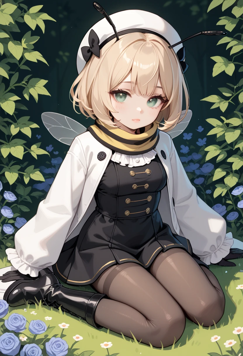 Kagamine rin, knee-length black dress, blue eye and red eye, black tights, sitting on the grass, blond hair, red lips, sweet smile --auto --s2