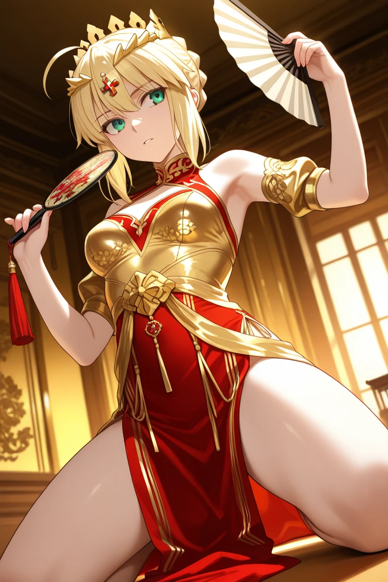 Mature woman, mature face, gentle face, glossy lips, golden eye color, golden eyes, gentle eyes, (braid hairstyle, bob hair, white hair, yellow gradient hair color, glossy hair), slender body, medium breast, thick thighs, saintess clothes, loincloth, bathroom, praying pose, kneeling, view from above, side view