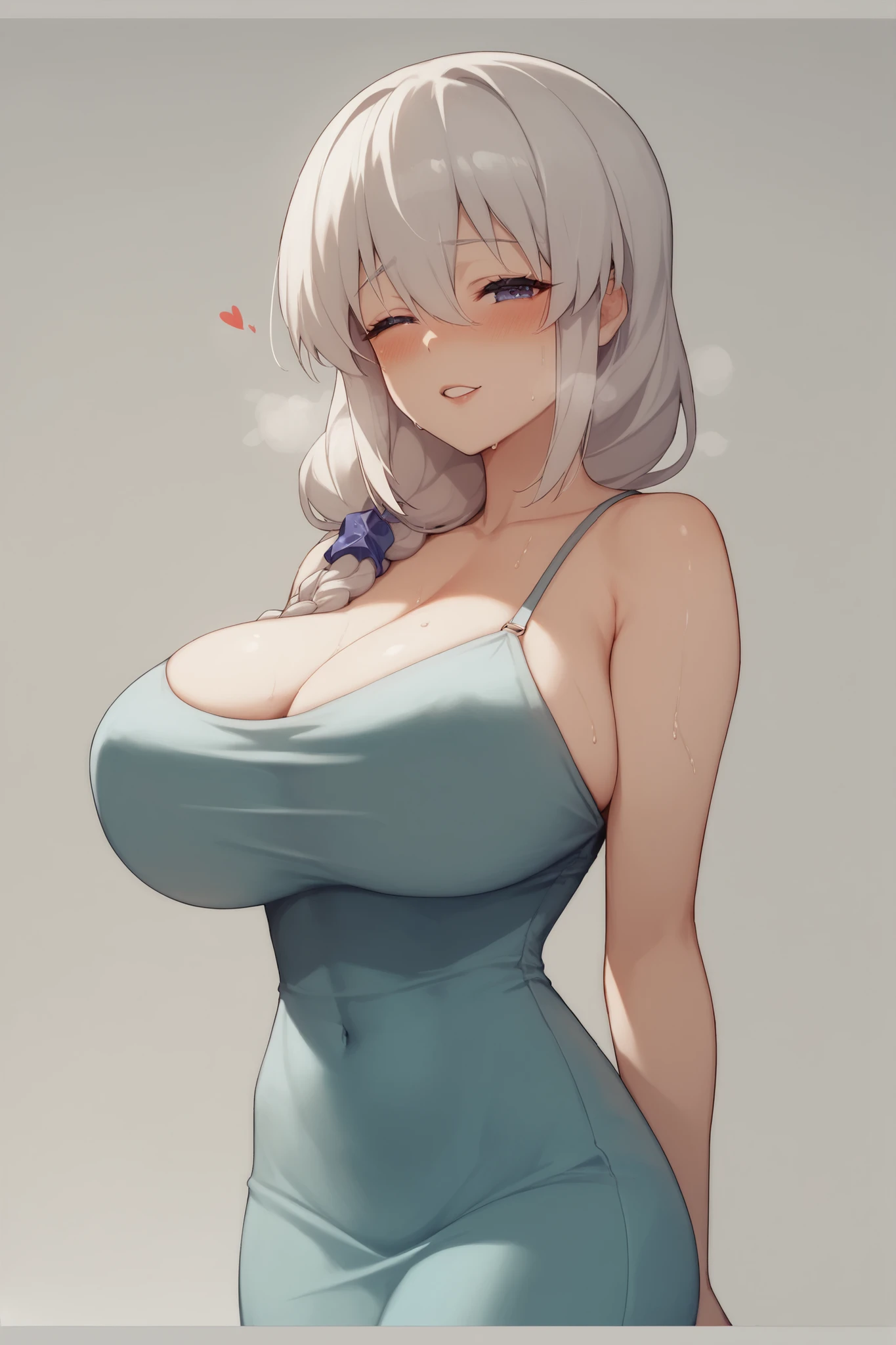 Anime Girls, (masterpiece, highest quality, 8K ultra-high resolution:1.4), gleaming skin, beautiful detailed eyes, ultra-detailed, cowboy shot
1girl. solo, mature, adult, milf, facing viewer,
looking at viewer,
smile, horny, sweat, nervous,
((long camisole)), boob tent, big butts, thick thighs,
grey background, simple background,