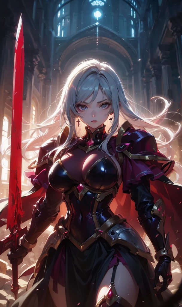 (masterpiece:1.4), (ultra detailed:1.4), (extremely detailed CG:1.4), (Shiny glossy wet hair:1.4), (super fine illustration:1.4), full lip gloss, A battle-worn female knight, her armor dented and scratched, stands resolute in a dark, foggy battlefield. Blood trickles down from wounds on her arms and face, but her expression is one of fierce determination. She grips her sword tightly, ready to strike, as she faces a towering, fearsome monster with glowing red eyes and sharp, menacing claws. The background is a mix of ruined landscapes and dark clouds, with flashes of lightning illuminating the tense confrontation. The knight’s flowing hair and tattered cape add to the dramatic intensity of the scene