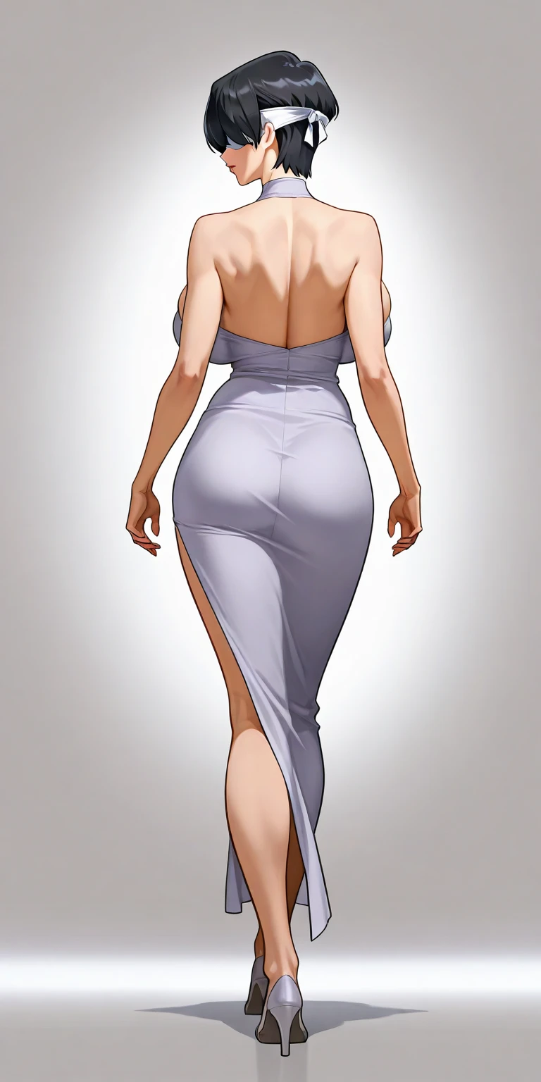 (Masterpiece), Best Quality, ultra-detailed, perfect hands, Delicate eye expression, 1girl (rinko_iori, Sexy, Slender and sexy body, large and pretty breasts, naked body, Gray-haired hair, long hair, blue eyes (empty eye)),solo,closed mouth, nude,dark skin, see-through nightgown, undressing,Beach, standing, Full-body, provocative pose, evil look,wicked smile, Sexy waist teasing, back-view