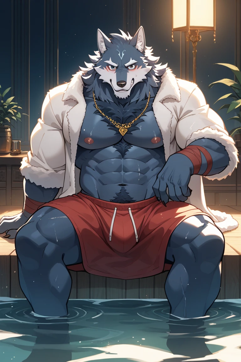 muscular male, take a bath, tired man, 1man, solo, male focus, posing, stomach, belly, furry, wolf, wolf ear, tail, nude, thick eyebrows, beard, pubic hair, navel hair, bathroom, bathub, bath, soak, beautiful views, shirtless, necklace, looking at viewer, smiling, cool, blushing, gentlemen, sweating, sweat, lying in water, peaceful expression