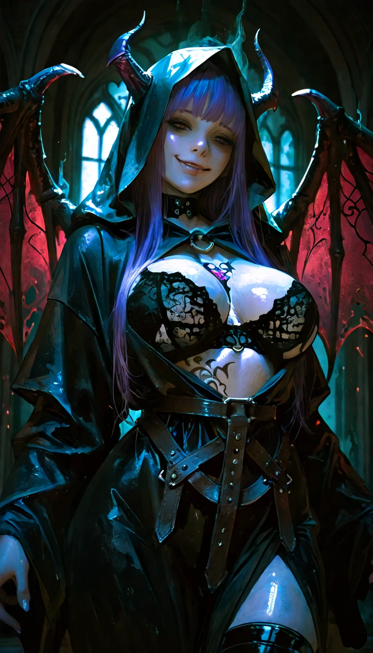 Obra maestra, Mejor calidad, 1 chica, ojos violeta, rostros hermoso, senos gigantescos mostrando sus areolas oscuras, cabello recogido y peinado llamativo, totalmente desnuda dejando ver todo su cuerpo perfecto, mostrando su vagina, cuerpo entero, caderas anchas y cintura delgada, Gothic landscape, gothic style buildings, lighting lamps