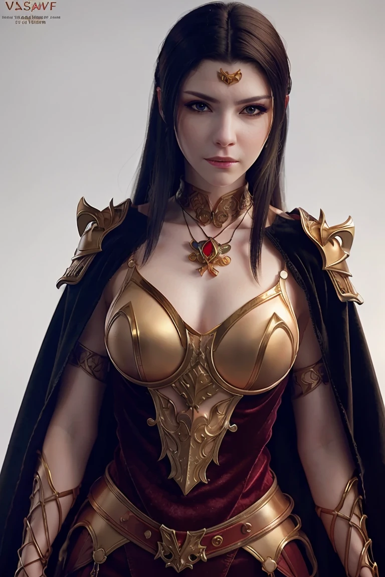 A stunningly realistic dark fantasy portrait of a tall, leggy red-haired woman with a chiseled abs, small waist, large emerald green eyes, and plump lips. She stands confidently, her body displayed in all its glory. The background is a mix of dark, brooding colors, with some ethereal elements, creating an atmospheric and mysterious setting. The overall tone of the image is a blend of beauty, power, and darkness., dark fantasy, portrait photography, painting