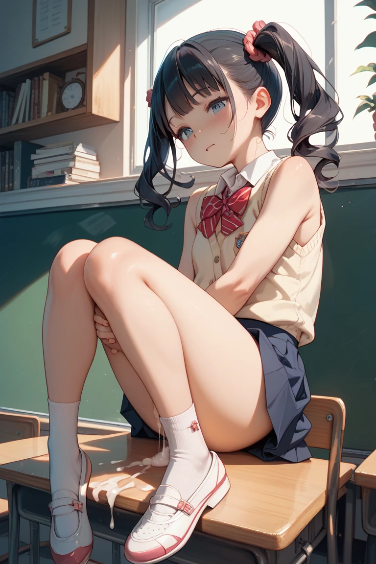glow,masterpiece, Best Quality, Elf Princess, rubio,High ponytail, oil painting portrait style, plaid skirt,pleated skirt,big target ,white,without shoes (national foundation:0.55), ((medium chest, flat stomach, baby face)), (intense colours) ((mini skirt)) ((short skirt)) ((bare chest)) ((classroom)) ((high school girl)) ((sitting)) ((head on)) ((open legs)) ((legs apart)) ((Tight)) ((elevated legs))
