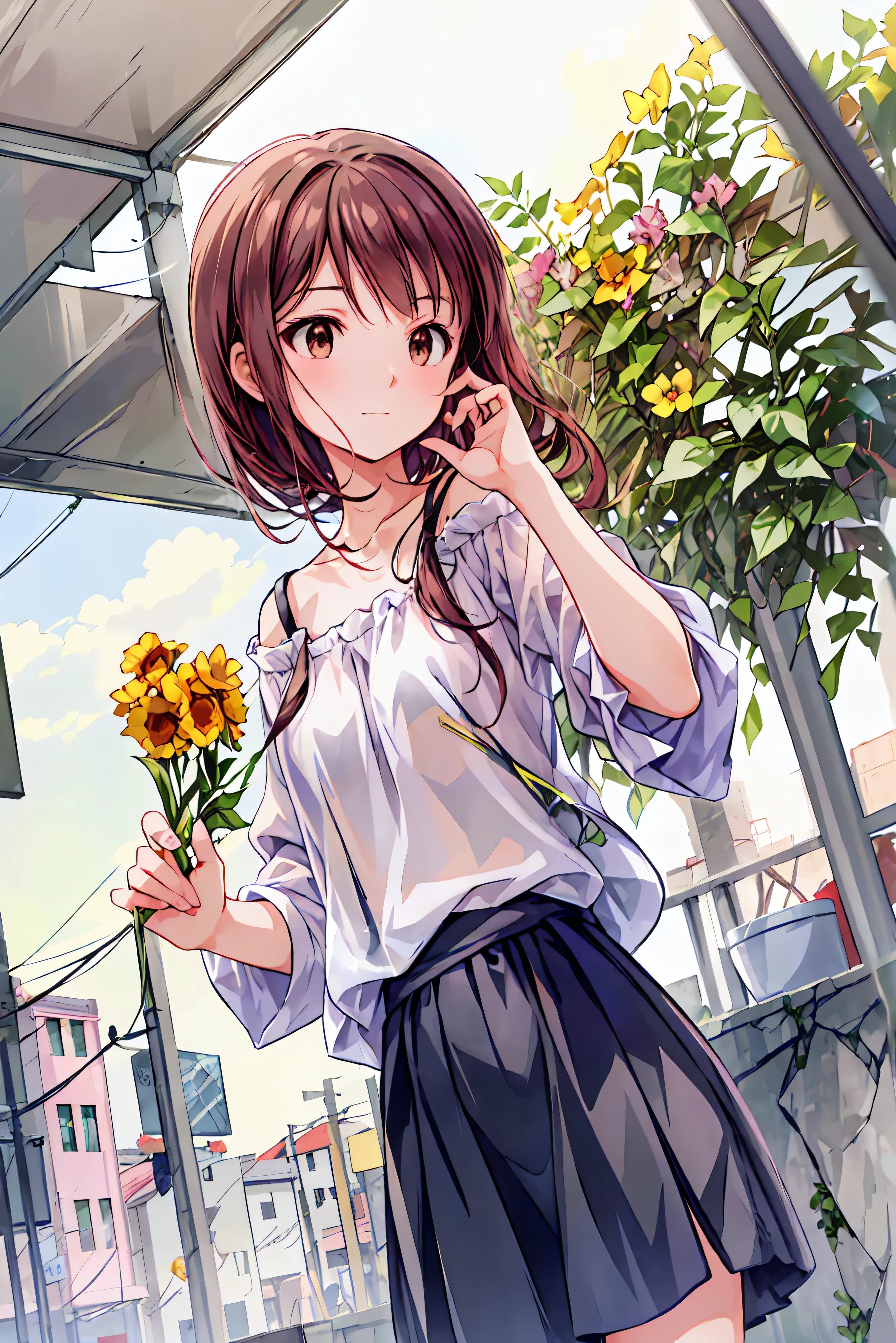 ((masterpiece)), (anime:1.5), ((top quality)), (RAW photo:1.2), (high resolution:1.3), (Professional Photo Shoot:1.2), ( Color Difference), one girl, (()), (Serious), (beautiful brown eyes:1.3), watch viewers, Plain Shirt, O-ring, disheveled hair, medium hair, (Put your hands in your pants), ((Take off your work pants)), 明るいbrown hair, (small breasts), Cute waist, outdoor, ((Top of the big bell tower)),brown hair,shortcut,My hair is unkempt, short braided hair, Neat ,(( girly )),((Trendy clothes)),((flared skirt)),((black camisole)), slender beauty ,hole々 Positive Attitudes ,small breasts,beautiful legs,Her enchanting gray-blue eyes sparkle like stars...,bright colors,Beautiful Eyes,A delicate smile,textured skin,top qualityのものが最高, gentle and beautiful woman ,anime風、