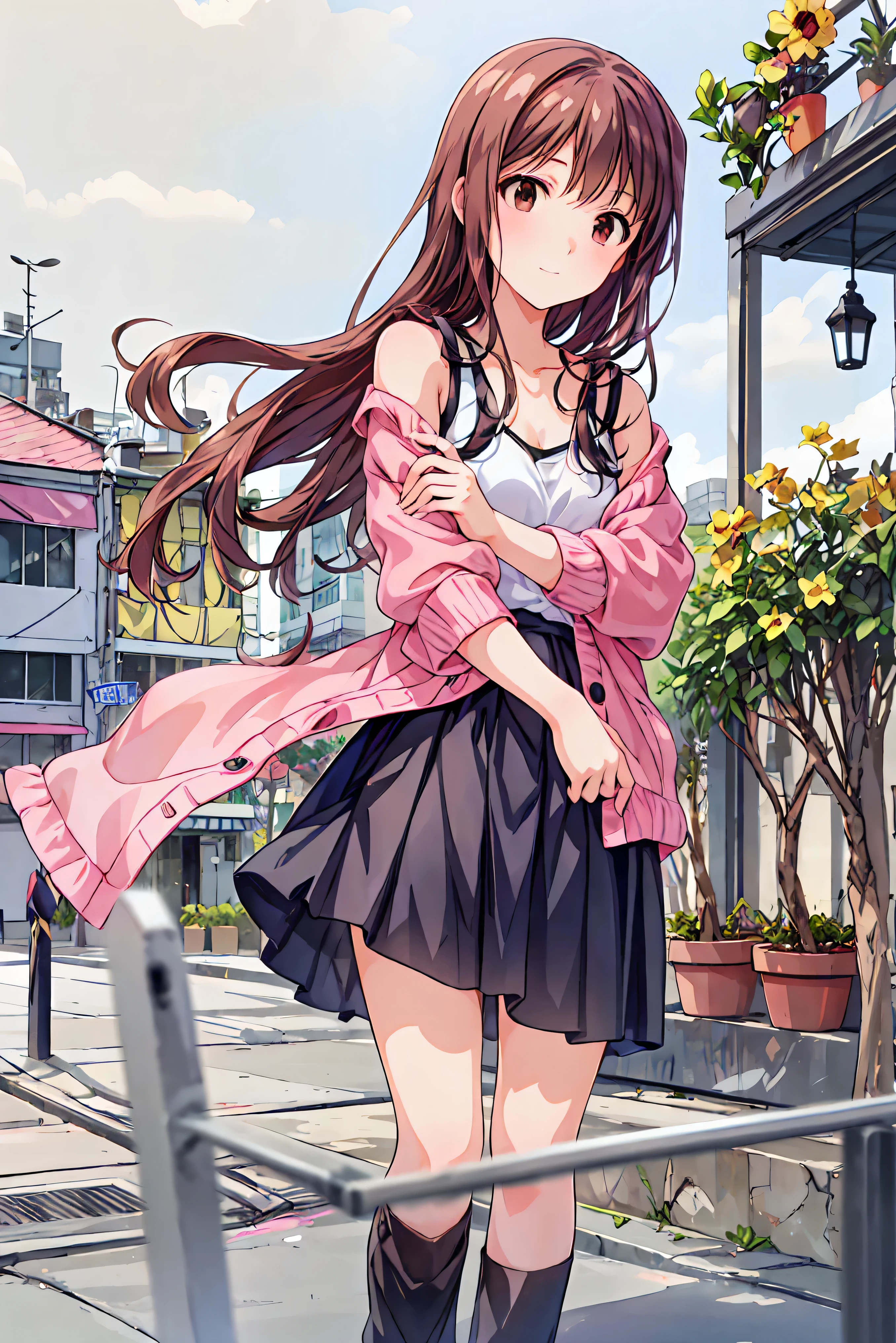 ((masterpiece)), (anime:1.5), ((top quality)), (RAW photo:1.2), (high resolution:1.3), (Professional Photo Shoot:1.2), ( Color Difference), one girl, (()), (Serious), (beautiful brown eyes:1.3), watch viewers, Plain Shirt, O-ring, disheveled hair, medium hair, (Put your hands in your pants), ((Take off your work pants)), 明るいbrown hair, (small breasts), Cute waist, outdoor, ((Top of the big bell tower)),brown hair,shortcut,My hair is unkempt, short braided hair, Neat ,(( girly )),((Trendy clothes)),((flared skirt)),((black camisole)), slender beauty ,hole々 Positive Attitudes ,small breasts,beautiful legs,Her enchanting gray-blue eyes sparkle like stars...,bright colors,Beautiful Eyes,A delicate smile,textured skin,top qualityのものが最高, gentle and beautiful woman ,anime風、