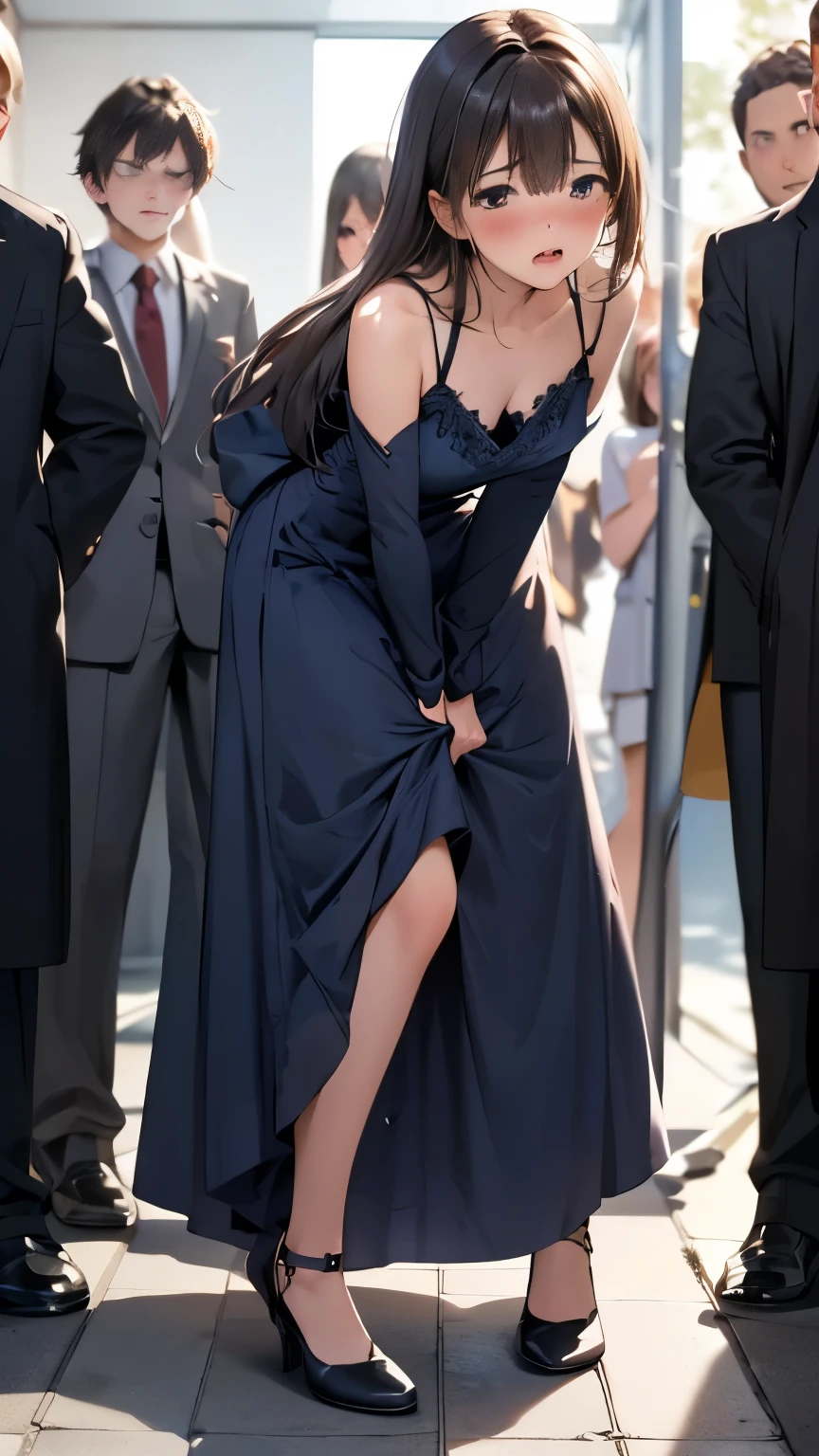 (SIGMA 200 mm F/2.5, 1/100 sec shutter, award-winning photo), beautiful medium breasts, shiny skin, (have to pee), (Disheveled hair), (unable to hold urge to urinate anymore desperate look:1.2), (Teary-eyed), (She needs to urgently pee so badly), (In queue line with only girls are restroom use wait:1.2), (She hold urge to pee desperately restroom use wait:1.2), (panting), (full face blush:1.4), (So embarrassing:1.2), (impatience), (flustered:1.2), (from Hiding the camera), (focus Heels), (Her knees were locked, Her back stiff:1.1) (Her hands were balled into fists, Even her jaw looked tense, Like the sheer effort of holding urge to urinate it in was consuming her, wearing Maxi Dress:1.3), (8K, ultra-detailed, best quality, ultra-detailed face, anatomically perfect figure, extremely detailed beautiful girl), full body, nsfw,