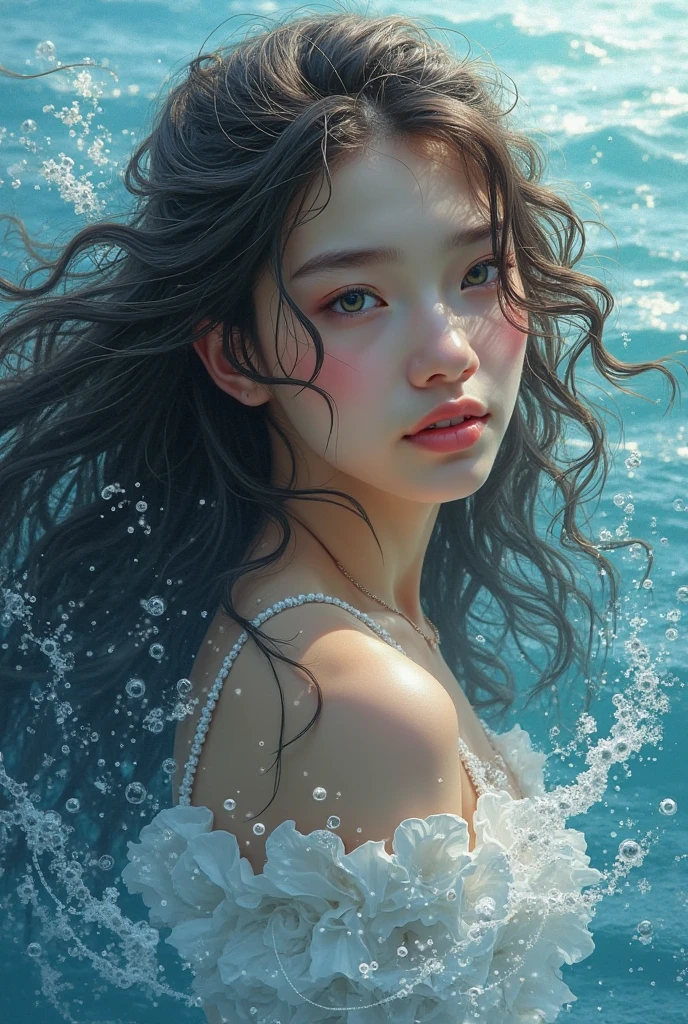 Beautiful woman floating peacefully in clear sparkling sea water。She is wearing a white seashell bikini、The sunlight reflects off the water surface。The water is vibrant shades of blue and green、There are shells scattered all around her.。In this scene, he has his eyes closed and looks comfortable in the calm waves.。Sparkling and beautifully floating。