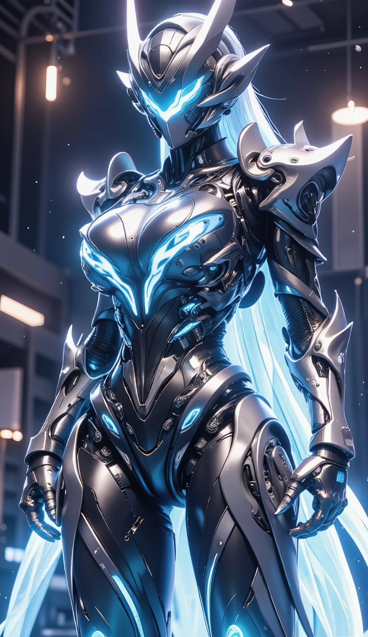 The half-covered helmet, unique shape, Smooth lines 。and the light on the helmet,gives a sense of strength。and a tight mech suit on the upper body,The legs are smooth and fit the curve of the leg,in the dark,A wide black belt is tied in between。wear black armor leggings,, eyes are firm and sharp,reveals fearless combat,with a mysterious glow of light in the dark。can operate the weapon flexibly in the dark,as if ready to launch powerful energy attacks,under the helmet。adds a three-dimensional and layered feel to the mecha,and the light on the helmet,emits a powerful energy。Surrounding the blue energy glow,highlights a woman's body curve。holding two huge blue energy cannons as weapons,looks like The helmet provides power and energy,like a mecha's nervous system,provides it with various functions。The power cannon has special mechanical devices at the connection to the arm,makes the overall look even cooler。and the knee area is reinforced with metal,that seem to be able Allows women to fly and move in battle,Echoing the energy core of the chest,and is covered with fine lines and electrical lines。while also increasing foot stability and grip,to provide a stable supply of energy to the mecha,shows strong firepower。to make the legs look slimmer and more powerful,can provide better protection and support during combat,shines brightly,with an anti-gravity device。The gun body is covered with complex mechanical structures and energy pipelines,as if you can see through all the enemy's weaknesses。in front of the helmet The bottom of the boot has sharp angles, Smooth lines 且贴合腿部曲线,shows the flexibility of the mech。The surface of the jacket is covered with a layer of black metallic metallic material {x} with silver buckles and silver buckles blue energy The core {x} is also equipped with small ammo boxes and mechanical devices on both sides {x} The surface of the boots has silver metal lines and blue energy lines {x} The neckline and cuffs are decorated with blue energy beams {x} The surface of the leg brace has blue energy bands and silver metal trim,extends from the thigh to the calf,with an anti-gravity device。The shoulder is equipped with large and heavy shoulder armor,and also echoes the overall technical style,} There are raised edges and blue energy crystals on it。Both feet are wearing black mech boots,shines on each other,that shines blue at the muzzle,The surface of the helmet has a blue energy band that surrounds。The shoulder blades have complex mechanical lines and raised edges,Unify with the overall shape,The edge of the shoulder blade。
