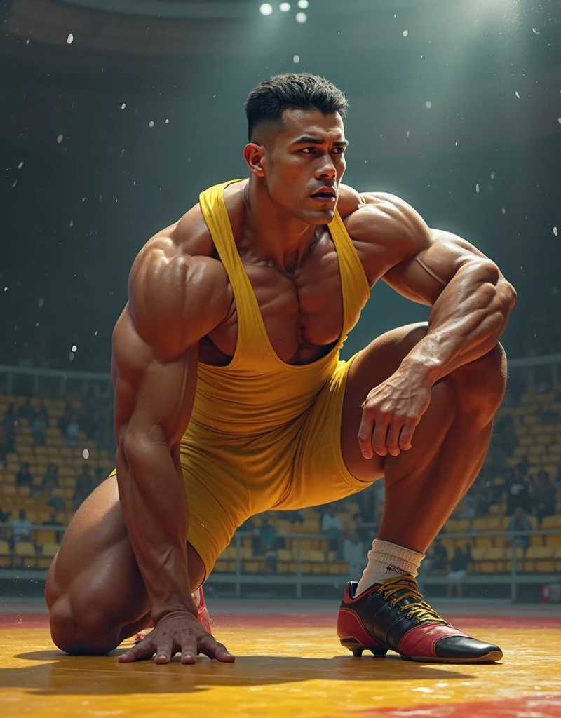 long shot, full body:1.4, a muscular male athlete, weightlifting, weightlifter lifting heavy weights, olympic weightlifting competition:1.5, dramatic lighting, cinematic camera angle, detailed human anatomy, extremely detailed face, muscles powerful, shiny skin, sweat, determination (best quality, 8k, high resolution, masterpiece :1.2),ultra-detailed,(realistic,photorealistic,photorealistic:1.37),professional studio lighting,film composition,dramatic shadows,vivid colors,medal gold, olympic rings