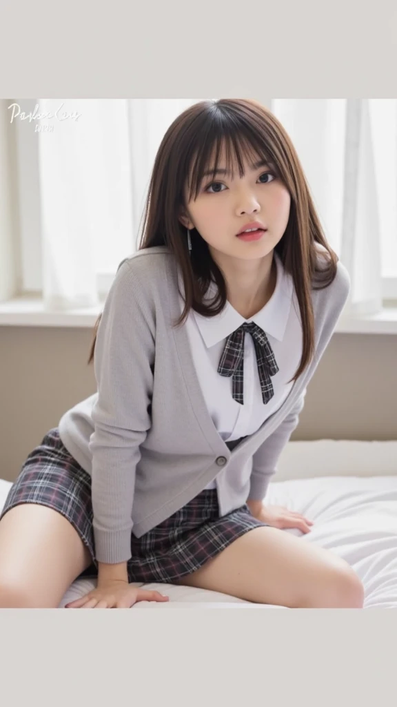 masterpiece,expensiveest quality,official art,High Definition CG Unity 8K Wallpaper High School Girl,very delicate and beautiful,超High resolution,(realistic:1.4),golden hour lighting,(Full body Esbian),(platinum short hair:1.2),(Highly detailed eye resolution),Take your eyes off,facing the front,( はにかんだ笑face),JK's Skirt(plaid), bust,expensive ,tie, masterpiece, highest quality, RAW photo, realistic, face, incredibly irrational solution, written boundary depth, High resolution, Super detailed, small details, very detailed, 非常に詳細な目とface, sharp pupils, realisticな生徒, fix sharp focus, cinematic lighting, Idol style、very cute:1.2、black haired、bangs、((on the bed、Sitting with your knees:1.4.knee high socks))、cardigan、((bangsが頬にかかって、layer cut、shaggy))