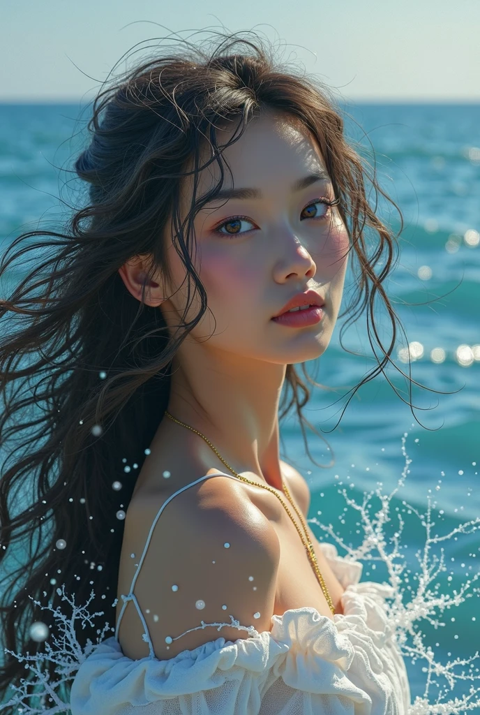 Small chest, ponytail, beautiful girl, water, Viewed from slightly above, Looking up from the front