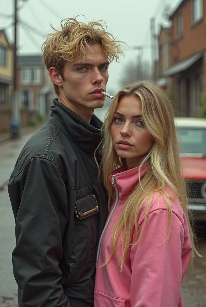 a realistic couple, with one guy with blonde messy hair and green eyes with dark 2000s clothes smoking a cigarette, and a girl with honey blonde long hair wearing a pink juicy suit track. In the background a bad looking street and a beat up old car. this needs to be a book cover 