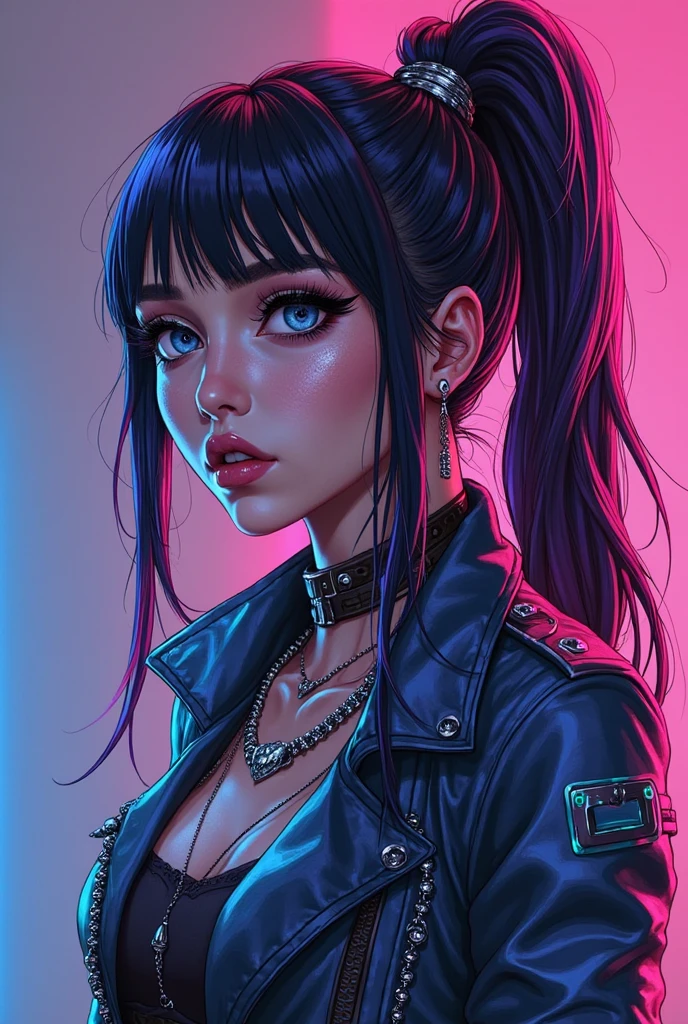 A female character in a retro neon art style. She has long black hair that falls over her shoulders. Her gaze is deep, with her eyes outlined by dark and intense makeup, which extends towards her temples, giving a mysterious and seductive air. Wearing a black outfit that appears to be leather. His ears are adorned with piercings and small but shiny rings. The character's pose is relaxed, with one hand close to her face, which suggests a confident and sensual attitude. The background of the image is vibrant, with shades of pink and purple, standing out with neon lights and geometric shapes. The lighting gives a synthetic and modern look to the scene, suggesting a nighttime urban setting, possibly a club atmosphere or cyberpunk culture.