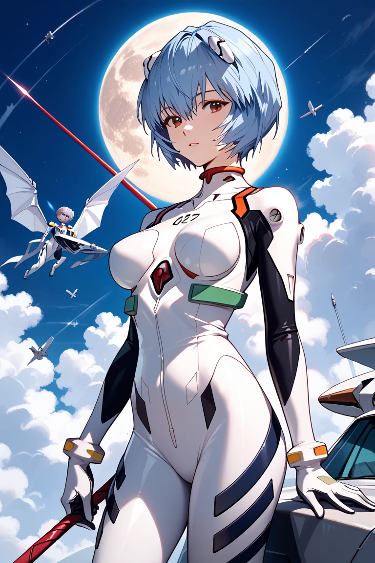 Rei Ayanami　all white suit　science fiction dynamic　Dynamic Pose　Powerful　Beautiful expression　Shines　optic