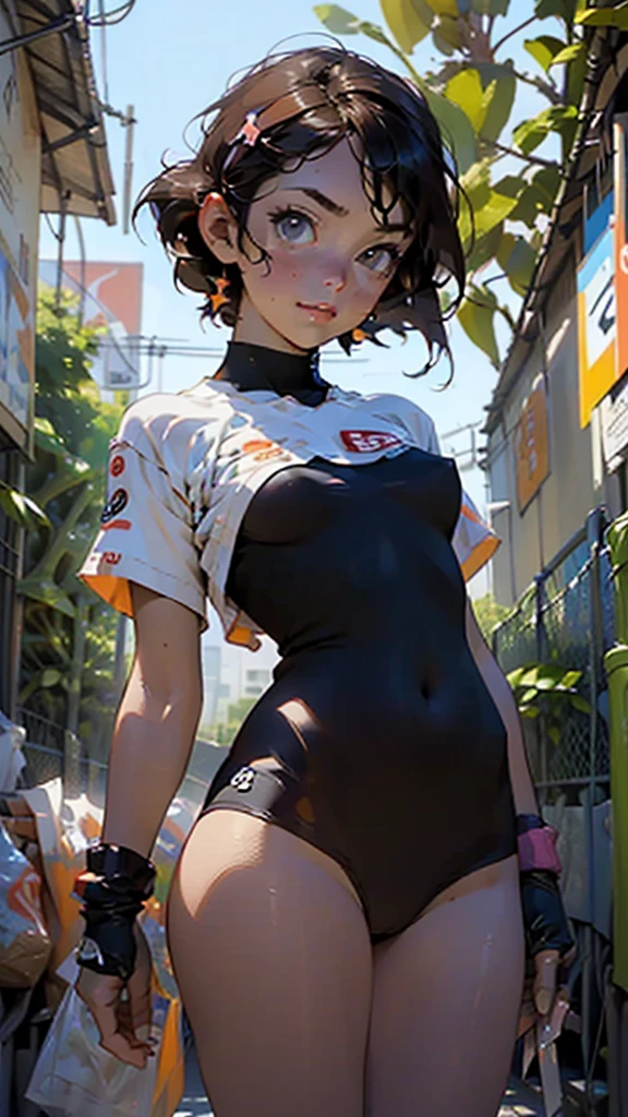 girl sporty,((attractive girl)),
(large breasts:1.4),saggy breasts,(((black hair:1.4,hi-top fade Haircut:1.5,hi-top fade:1.5,ponytail hairstyle with dreadlocks:1.5))),((heterochromia:1.5, (orange_eye and yellow_eye))),intricate eyes,beautiful detailed eyes,symmetrical eyes,((fat))(((lustrous skin:1.5,bright skin: 1.5,skin tanned,shiny skin,very shiny skin,shiny body,plastic glitter skin,exaggerated shiny skin,illuminated skin, wet legs))),(spider lower abdomen,narrow waist,wide hip,athletic body,inflated legs,detailed body,(detailed face)),
cute,slutty,seductive,erotic,(((nsfw))),
((tight sports bra, tight sports panties, (orange and black clothes))),(((underboob))),((wet clothes,intricate outfit,intricate clothes)),
(dynamic pose:1.0),coquette,look of security, determined,(centered,scale to fit dimensions,Rule of thirds),
cyberpunk city by the ocean at night, with bright neon signs and dark stormy clouds and puddles, scenery:1.25,
artistic photography,(photography taken by sldr),highres, sharp focus, (ultra detailed, extremely detailed), (photorealistic artwork:1.37),(extremely detailed CG unity 8k wallpaper),((synthwave background theme)),(((vibrant colors))),(intricate background),(masterpiece),(best quality),